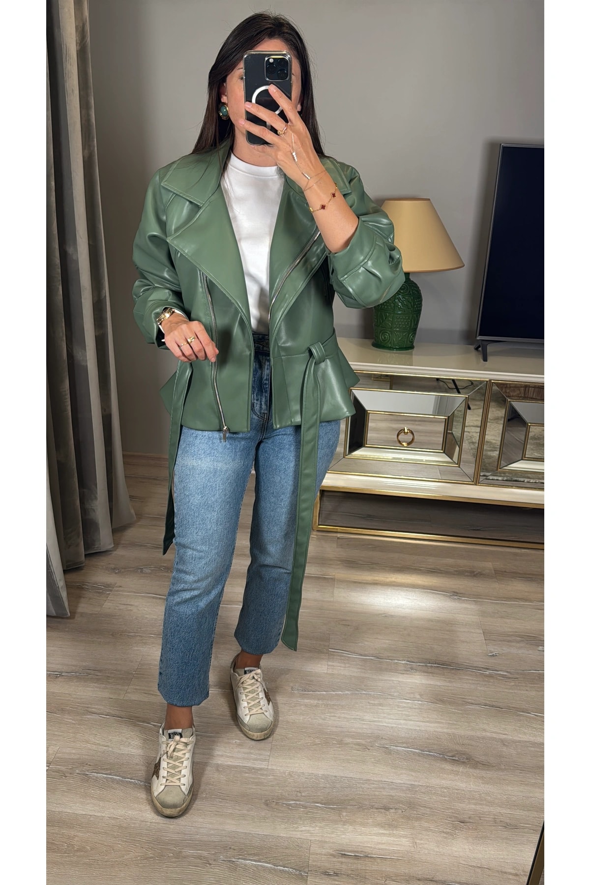 Kuşaklı Premium Suni Deri Ceket