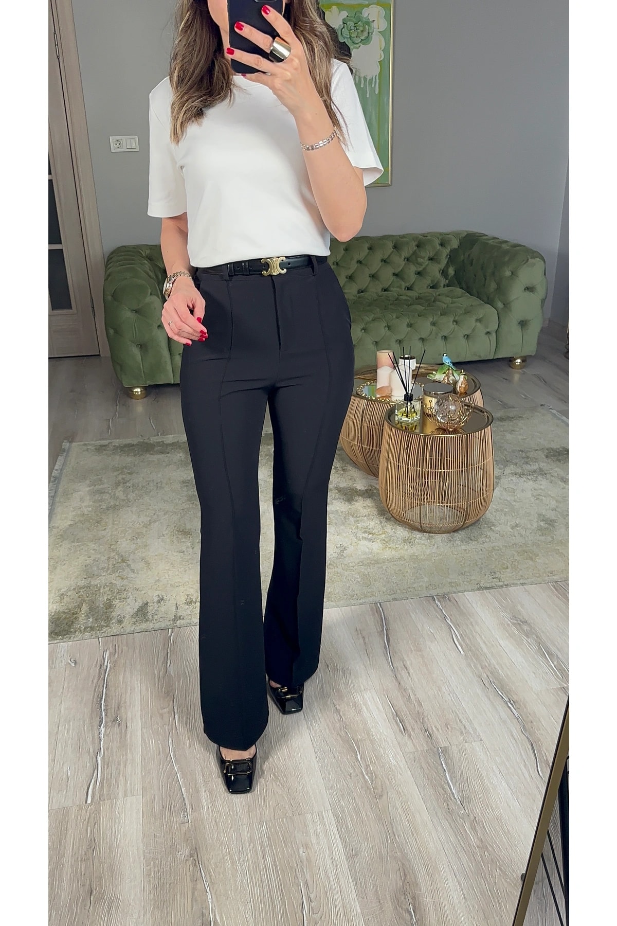 Önden Dikişli İspanyol Paça Kumaş Pantolon - Siyah