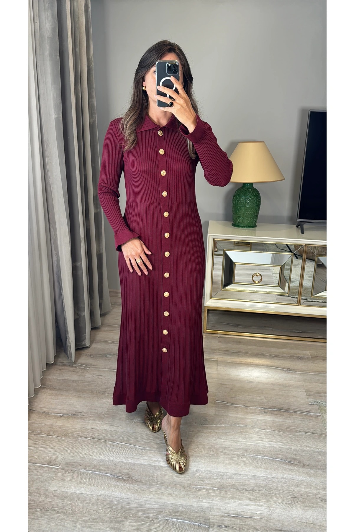 Metal Düğmeli Triko Elbise - Bordo