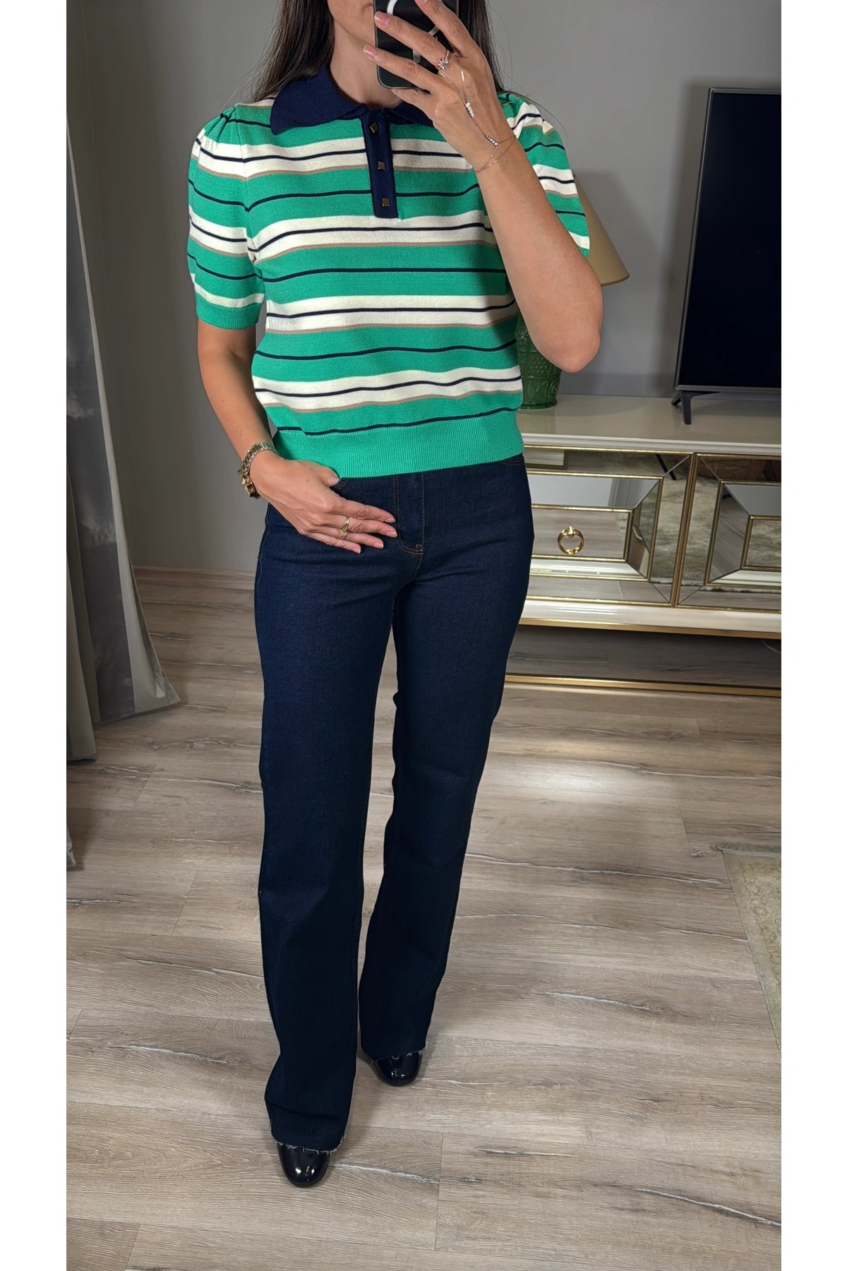 Polo Yaka Gold Düğmeli Çizgili Kazak