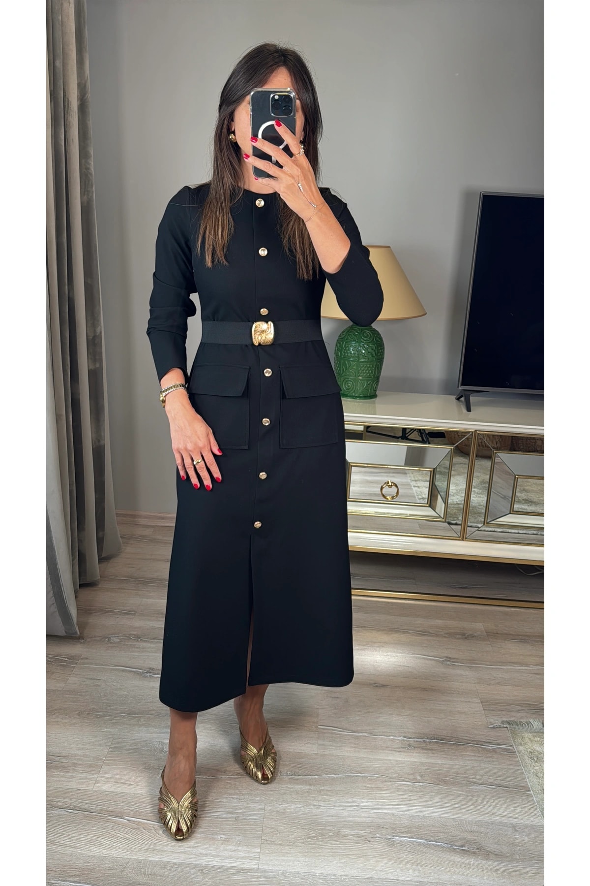 Gold Toka Kemerli Uzun Kollu Elbise