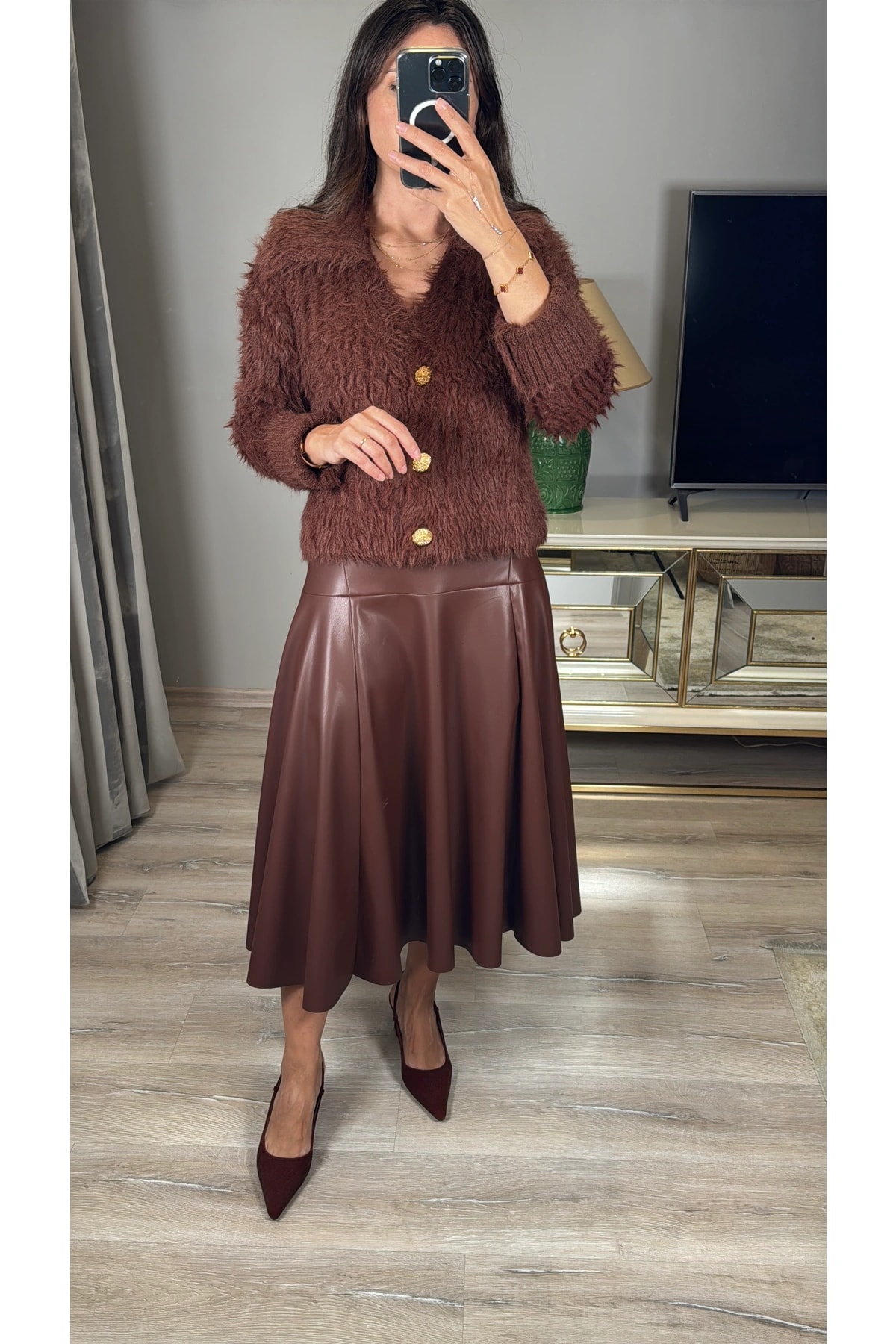 Parçalı Suni Deri Midi Etek
