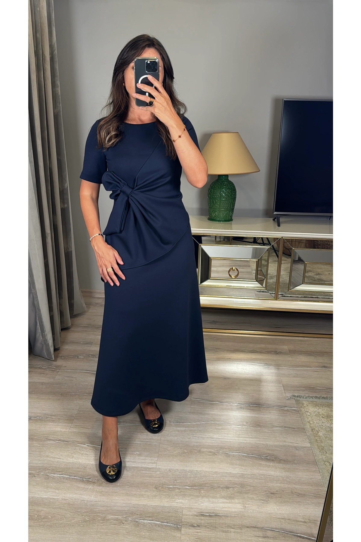 Fiyonklu Midi Modal Elbise - Lacivert