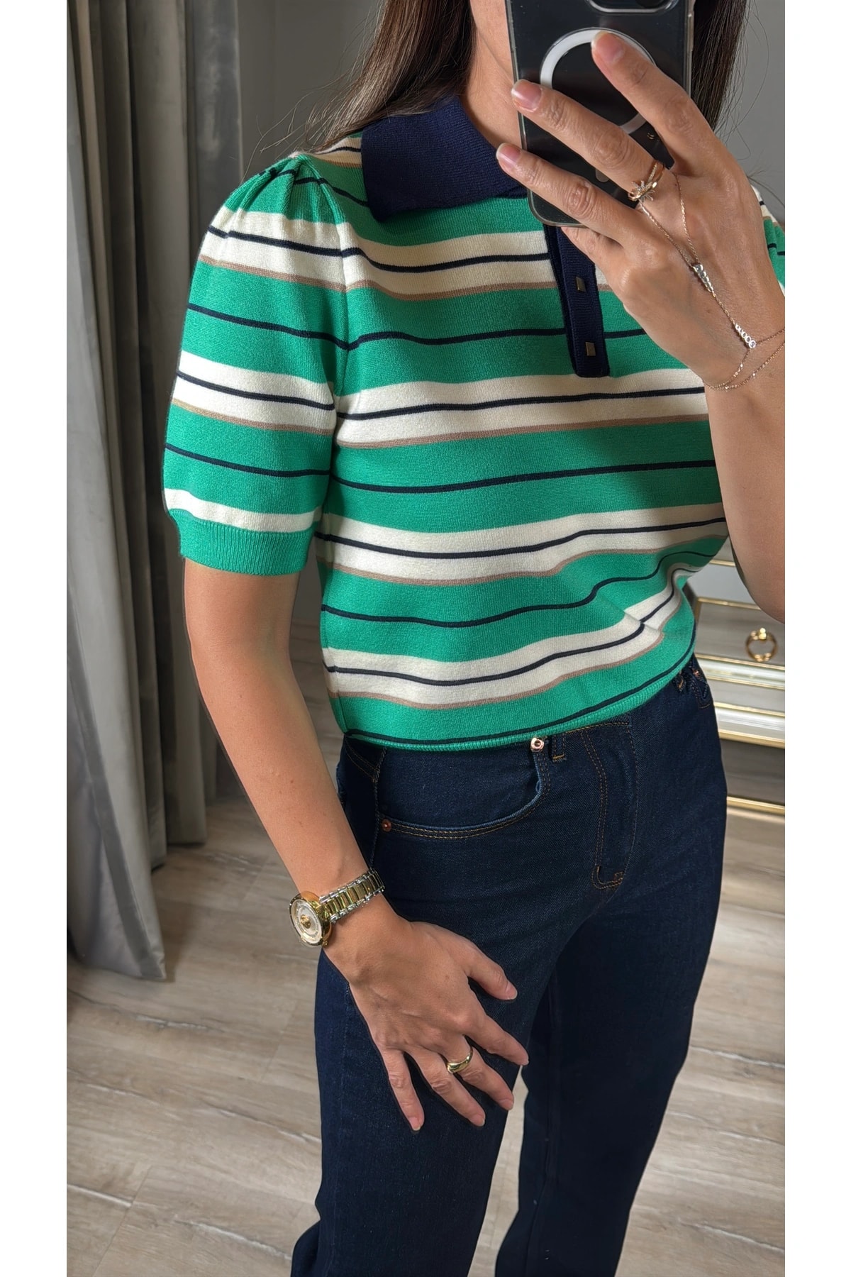 Polo Yaka Gold Düğmeli Çizgili Kazak