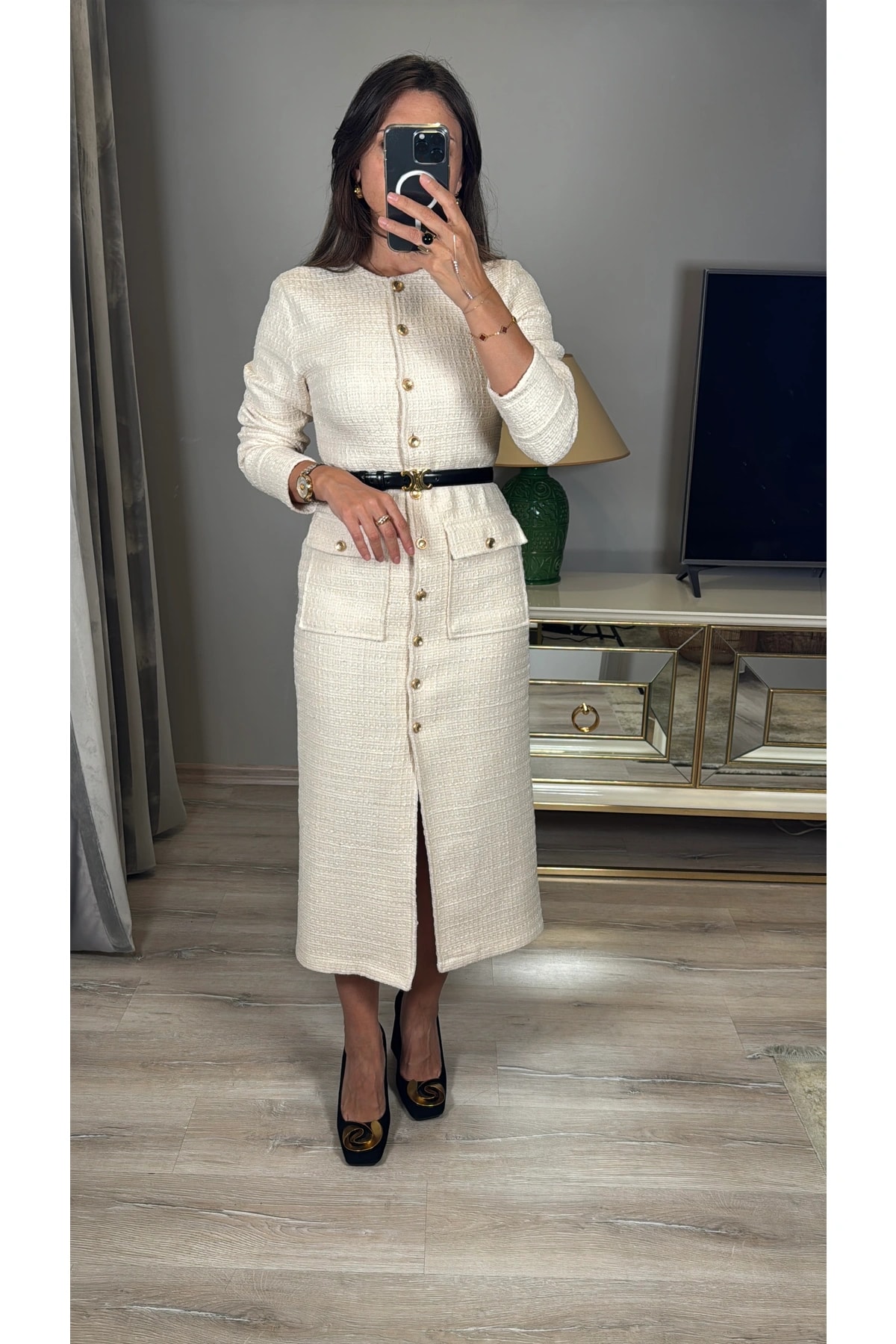 Metal Gold Düğmeli Tüvit Elbise