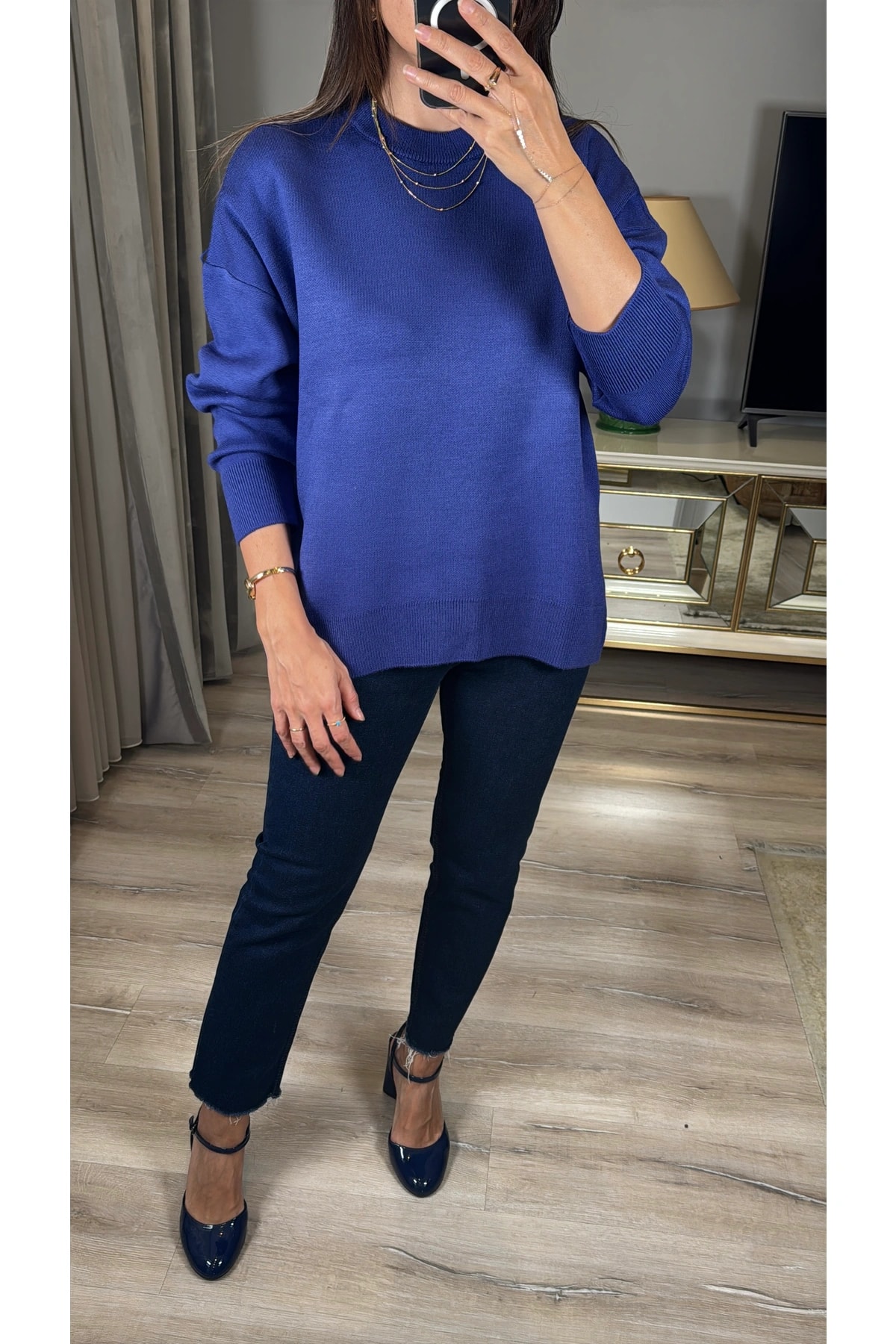 Oversize Bisiklet Yaka Kazak - Morcivert