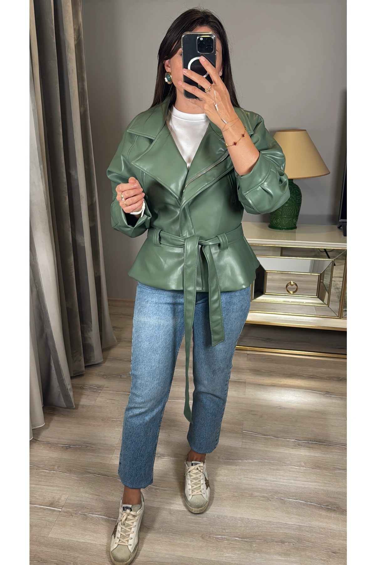 Kuşaklı Premium Suni Deri Ceket