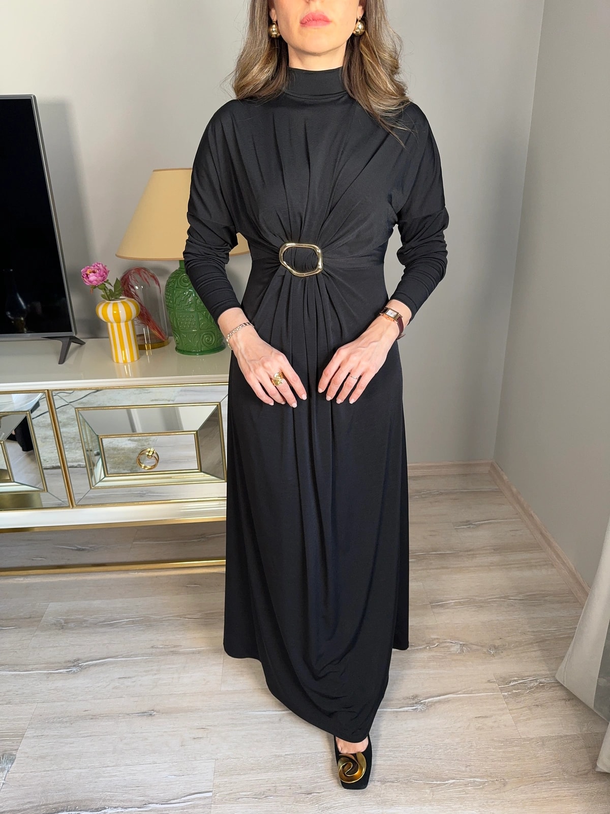 Toka Detaylı Sandy Kumaş Elbise