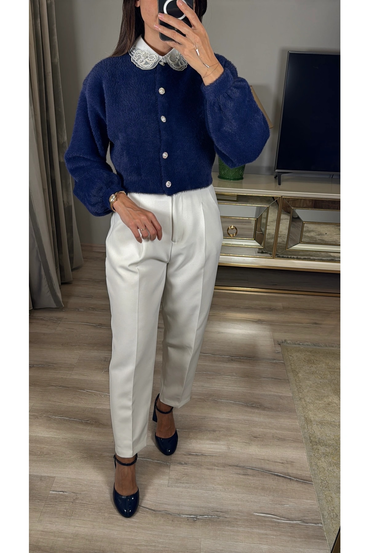 Balon Kollu İnci Düğmeli Angora Hırka