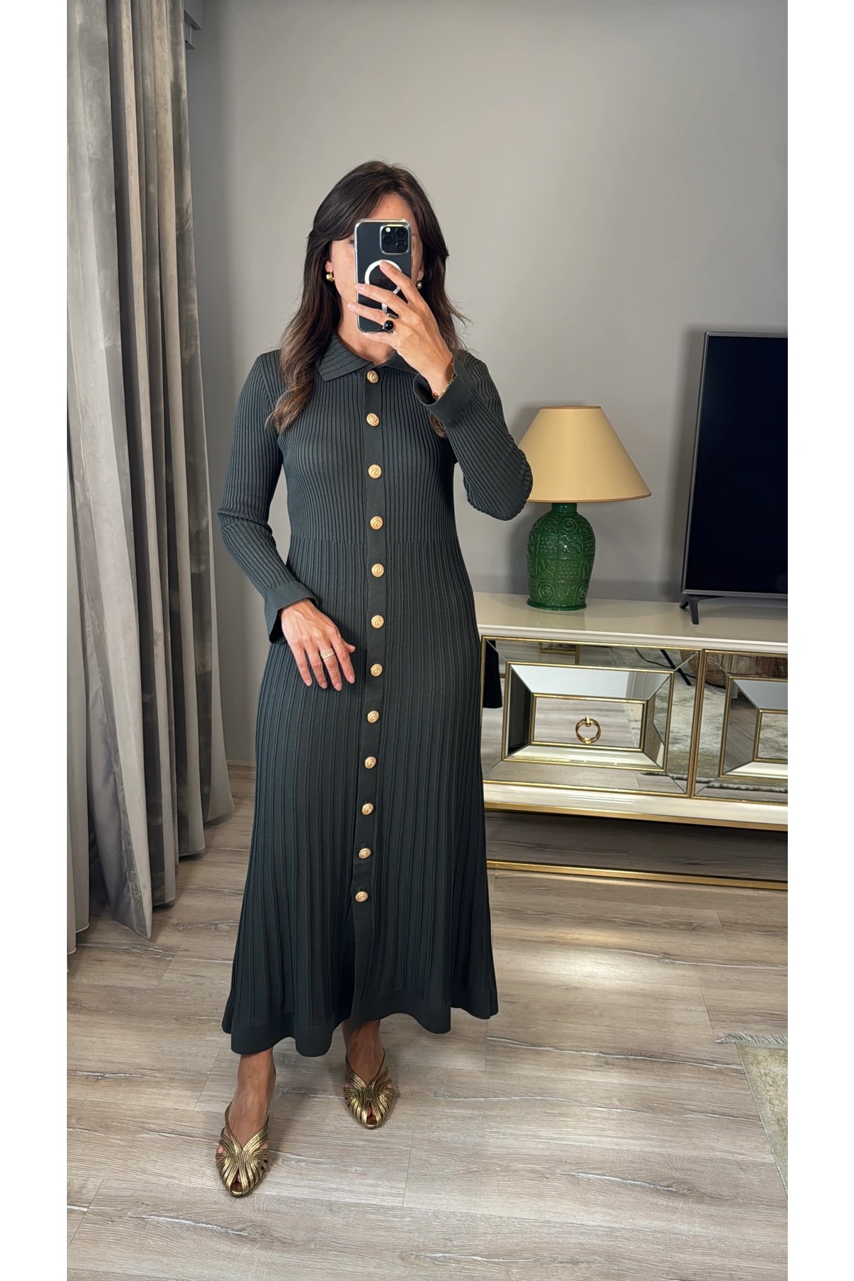 Metal Düğmeli Triko Elbise - Yeşil