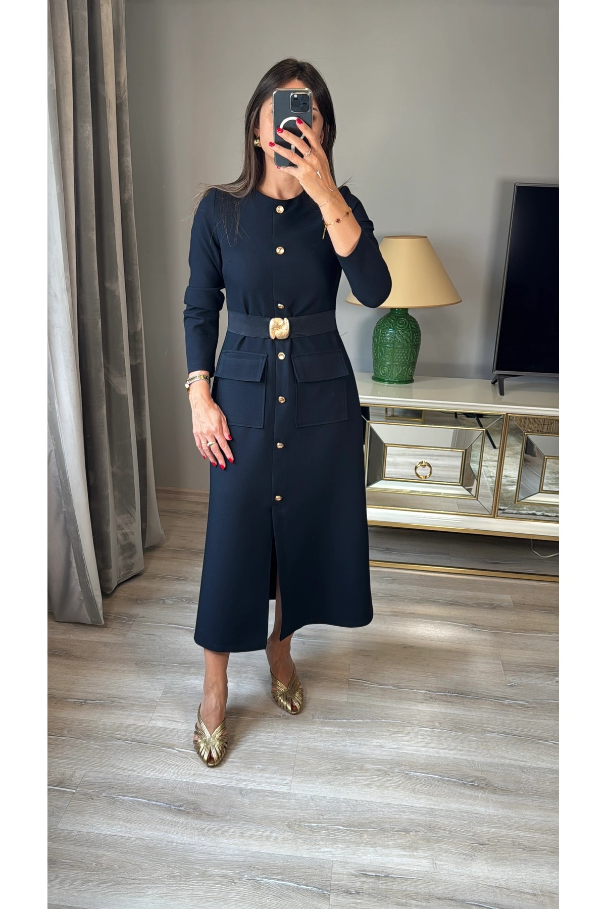 Gold Toka Kemerli Uzun Kollu Elbise - Lacivert