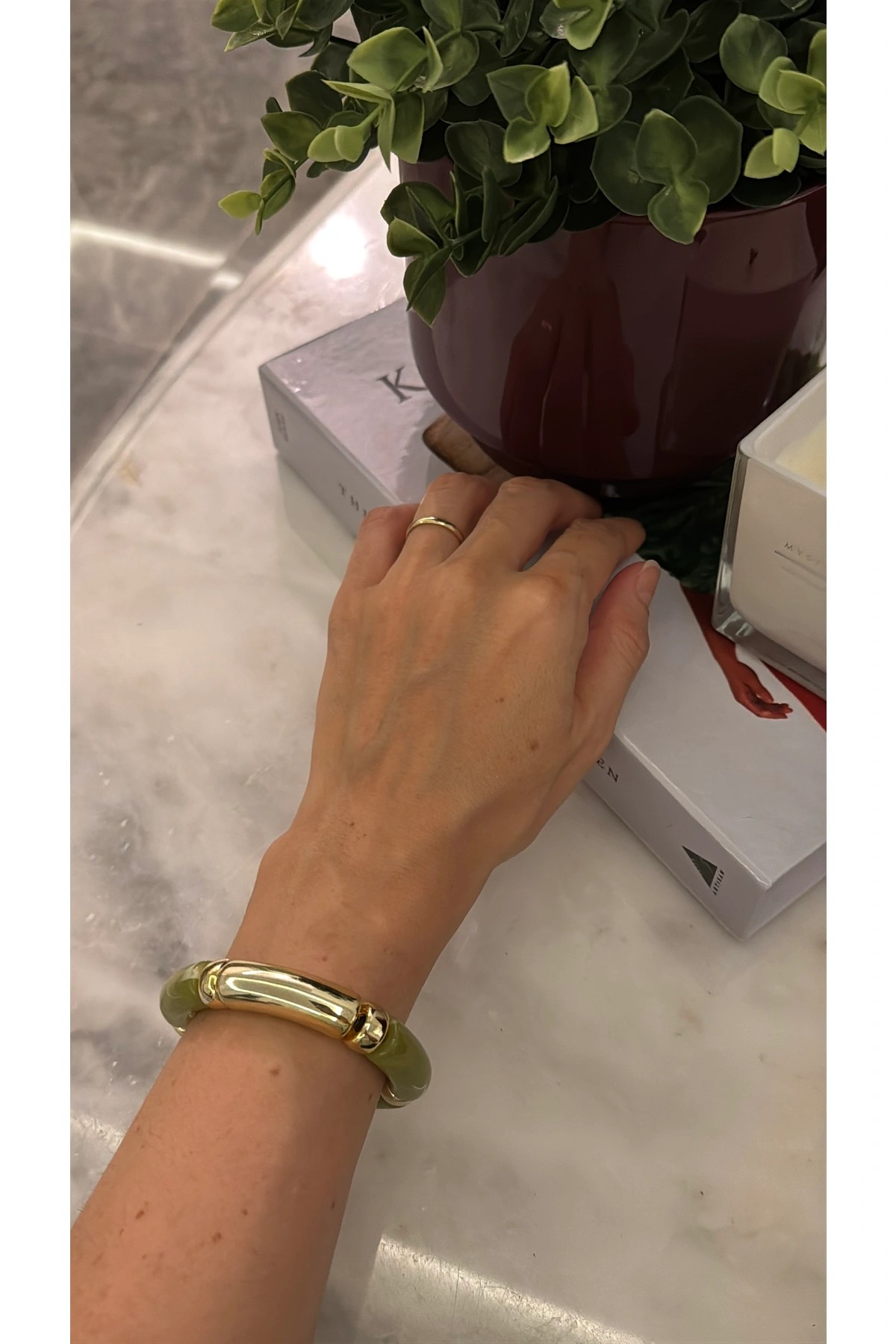 Gold Detaylı Lastikli Bileklik - olive