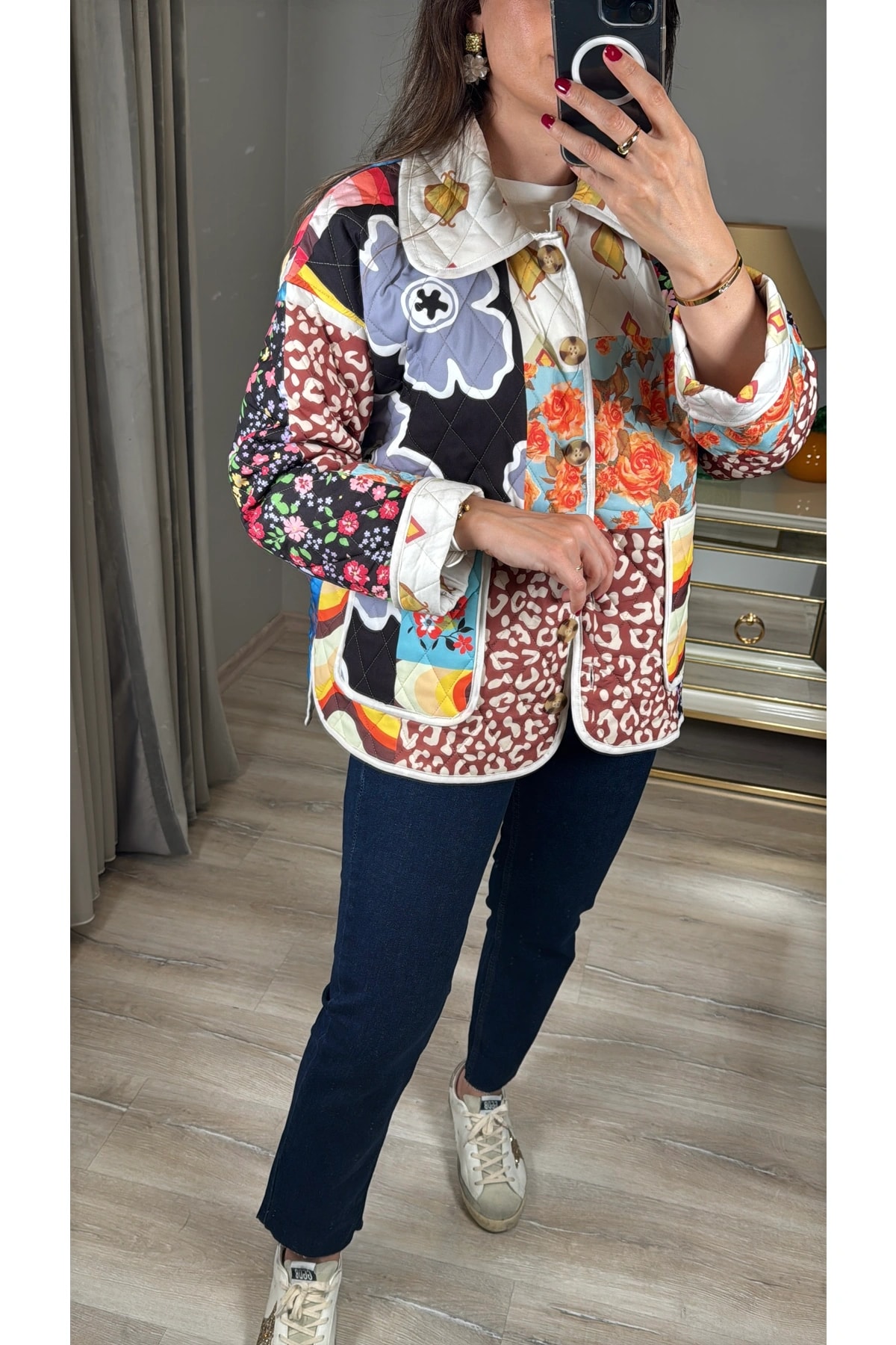 Patchwork Desenli Kapitone Ceket