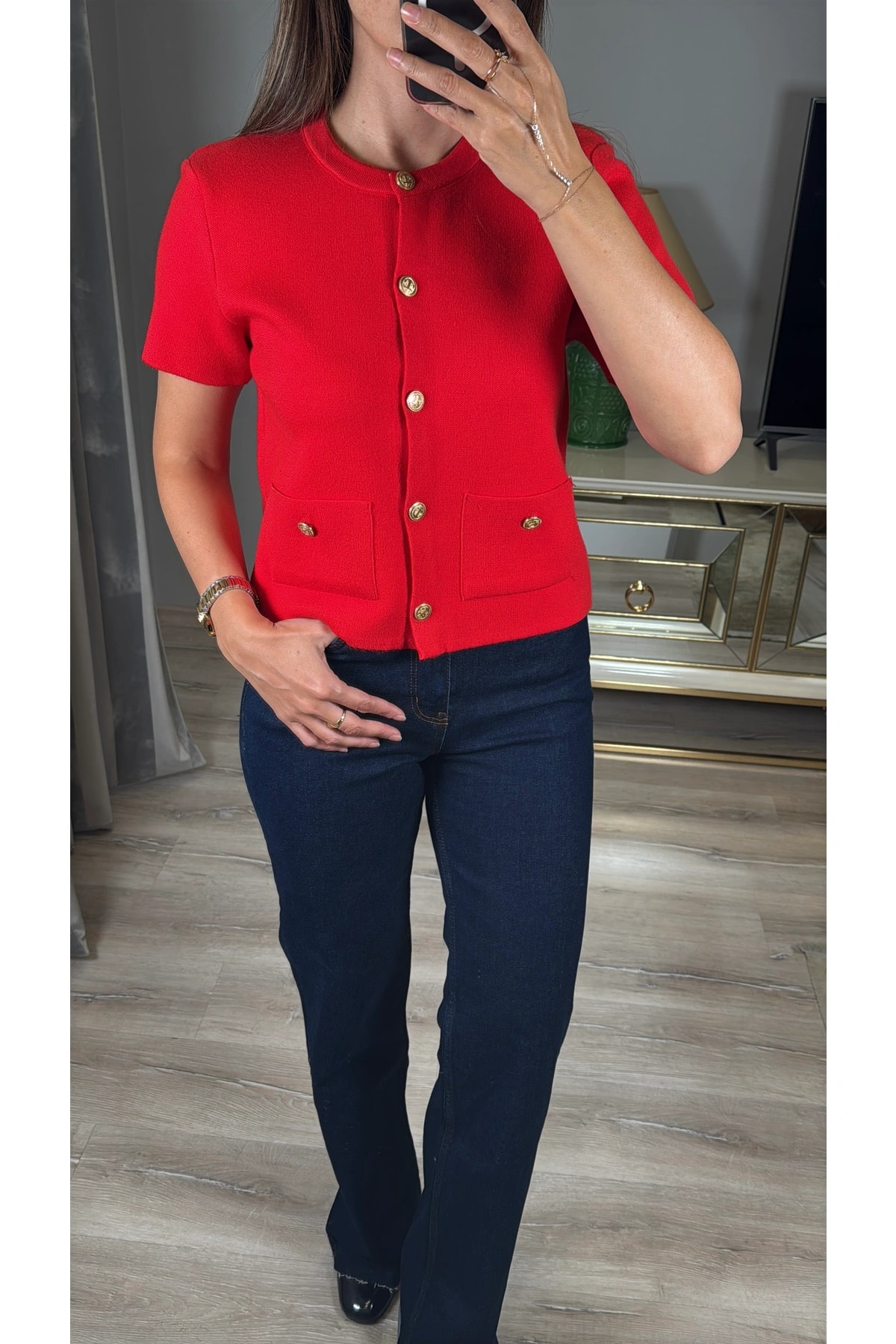 Gold Düğmeli Kısa Kollu Triko Hırka - kırmızı