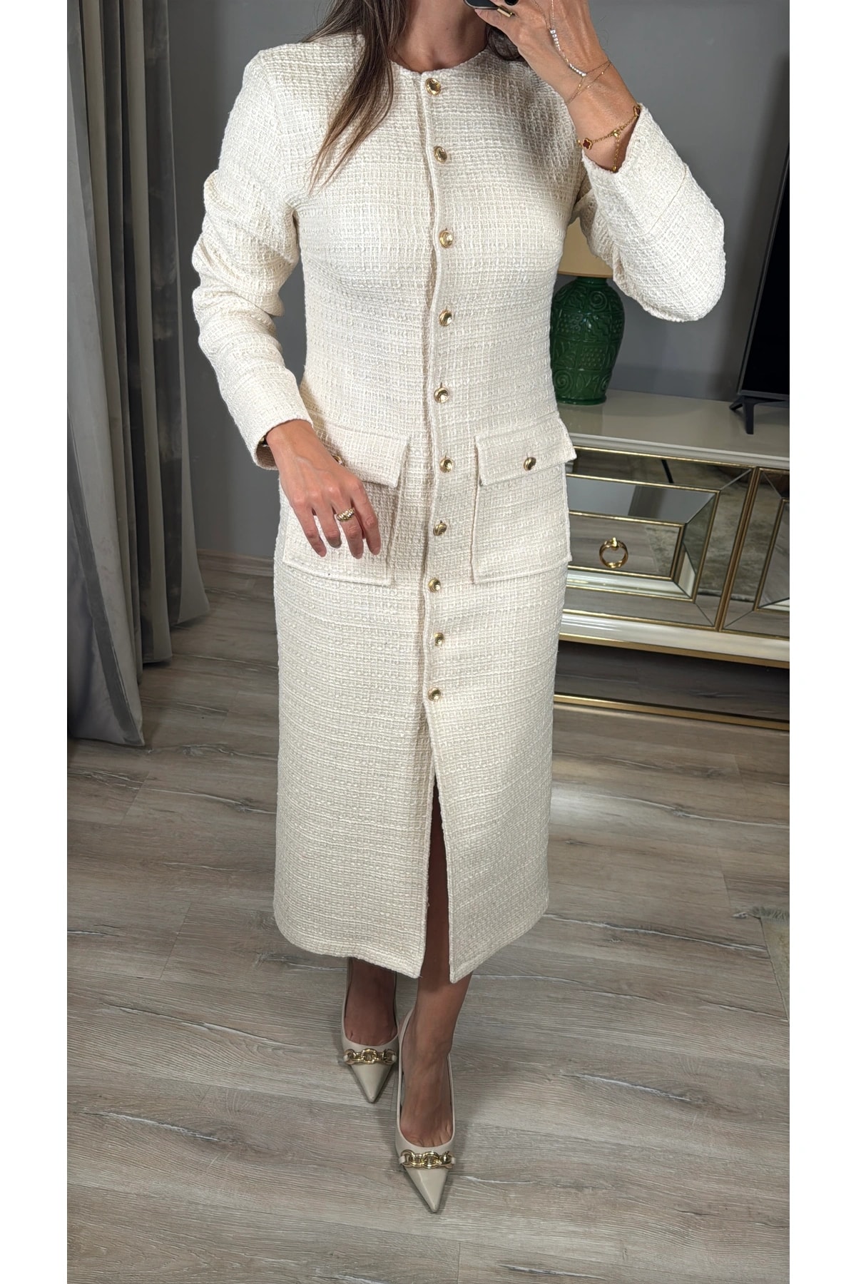 Metal Gold Düğmeli Tüvit Elbise