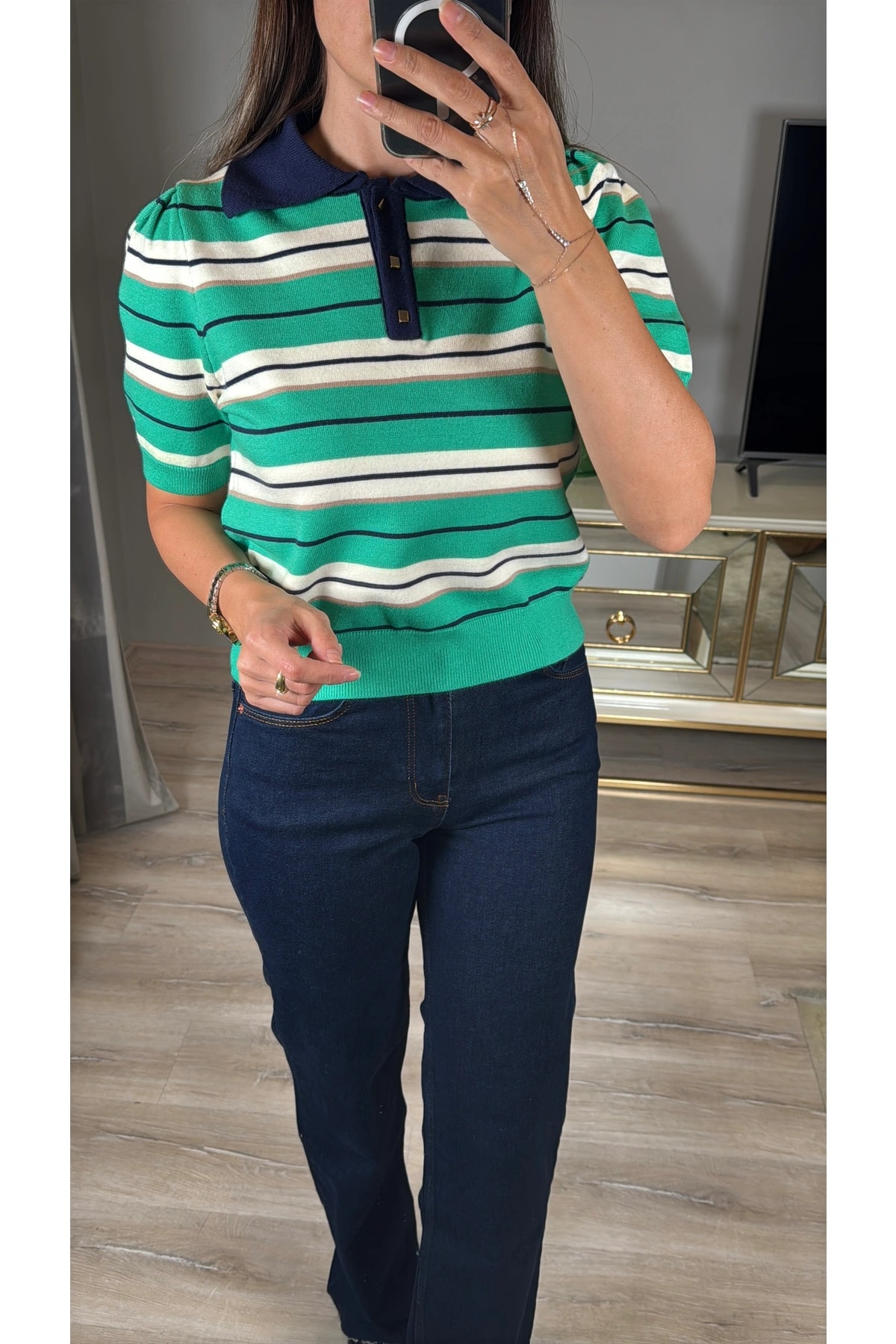 Polo Yaka Gold Düğmeli Çizgili Kazak