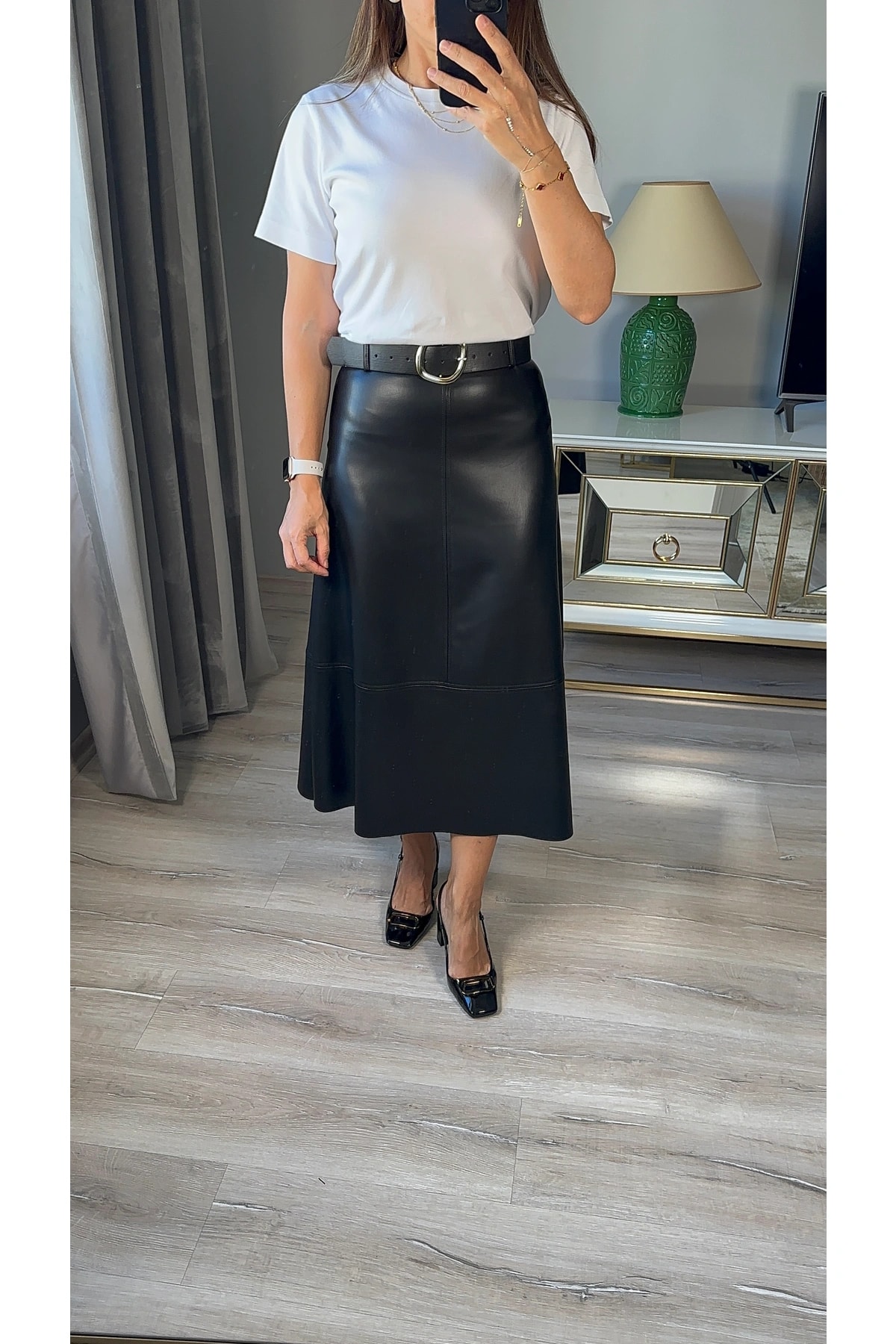 Kemerli Suni Deri Midi Etek