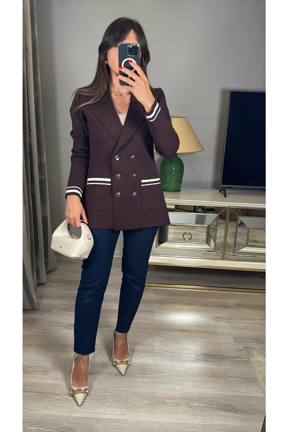 Çelik Örme Kruvaze Blazer Hırka - kahverengi