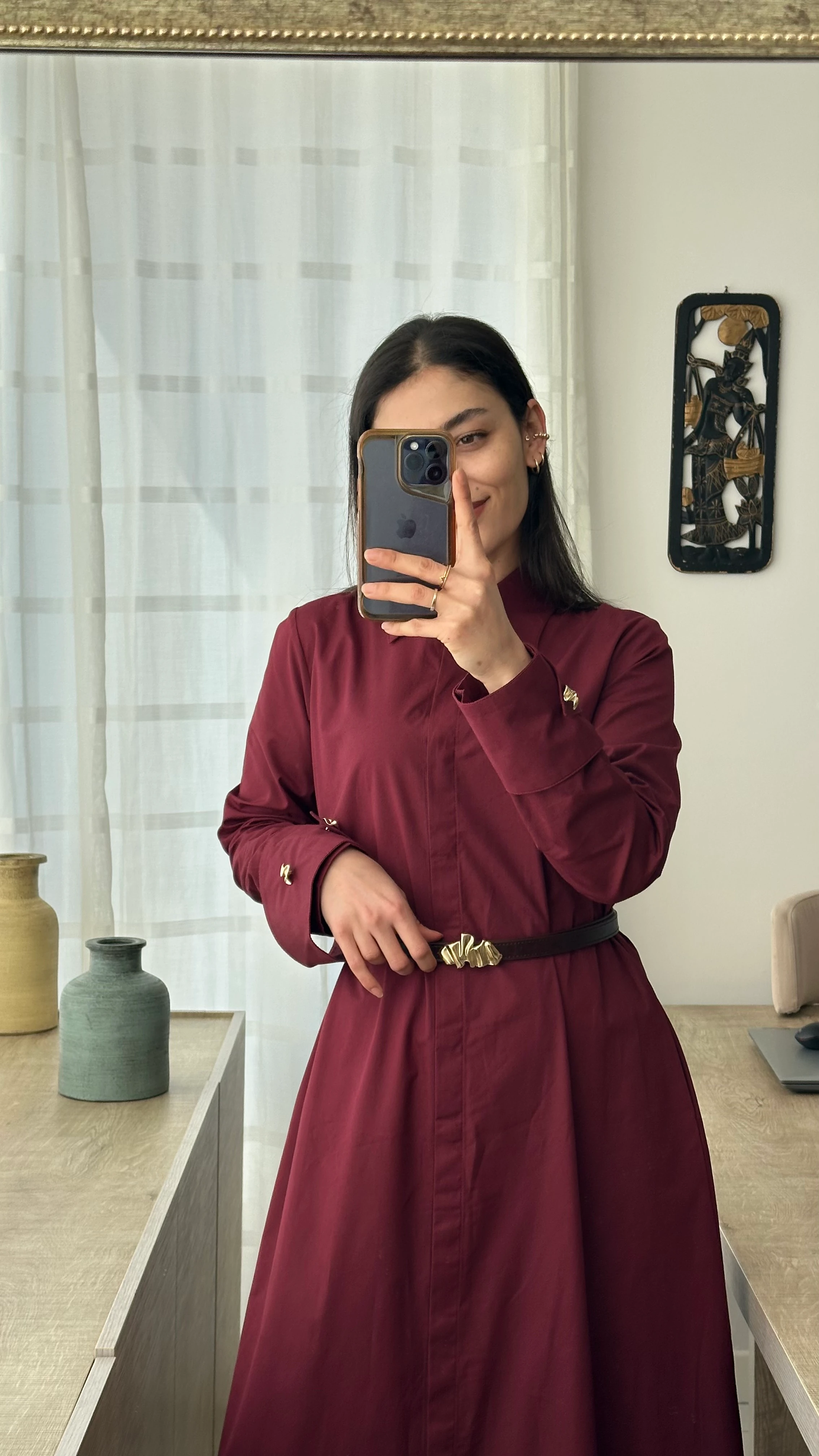 Bordo Kemerli Elbise