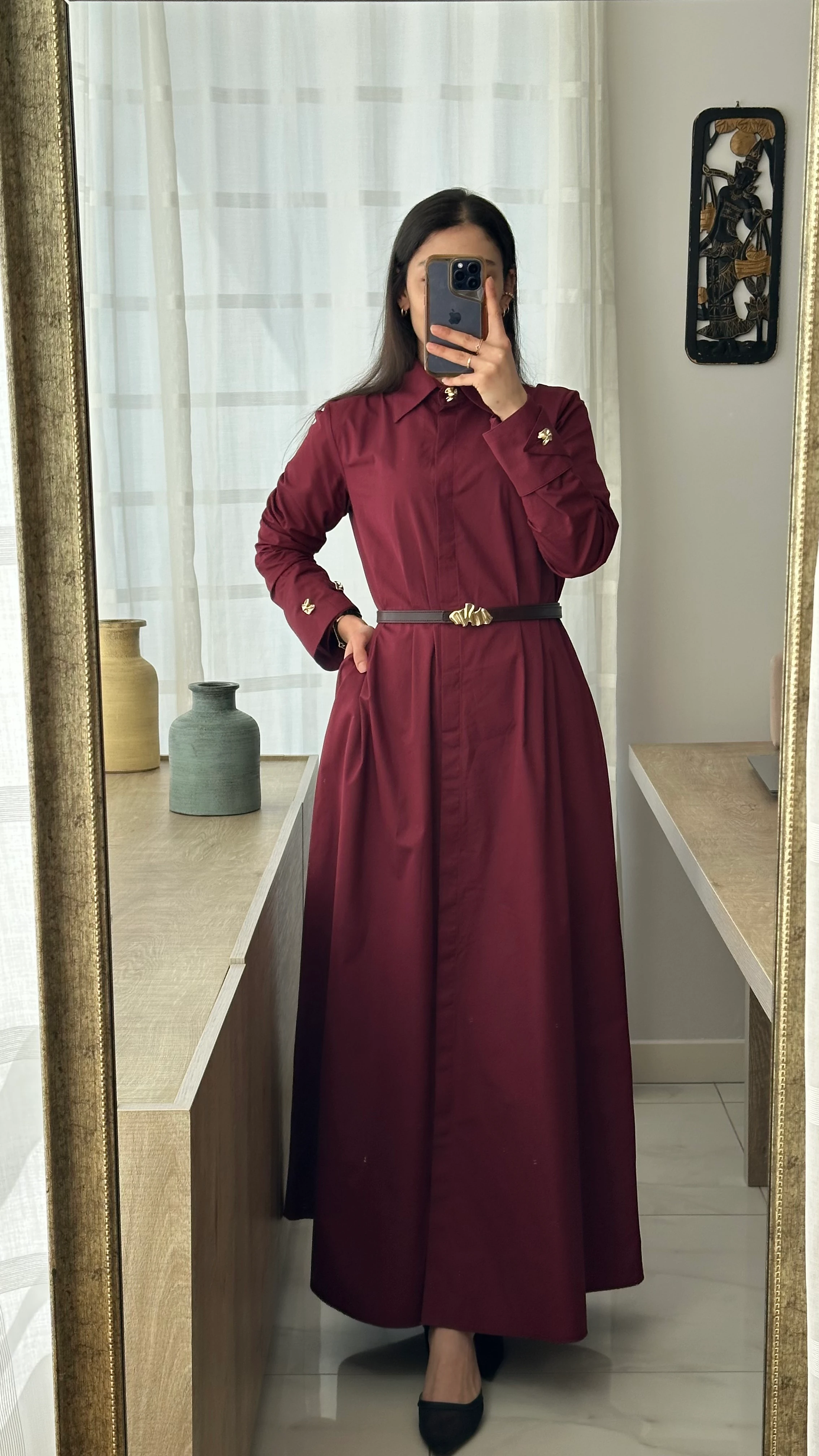 Bordo Kemerli Elbise