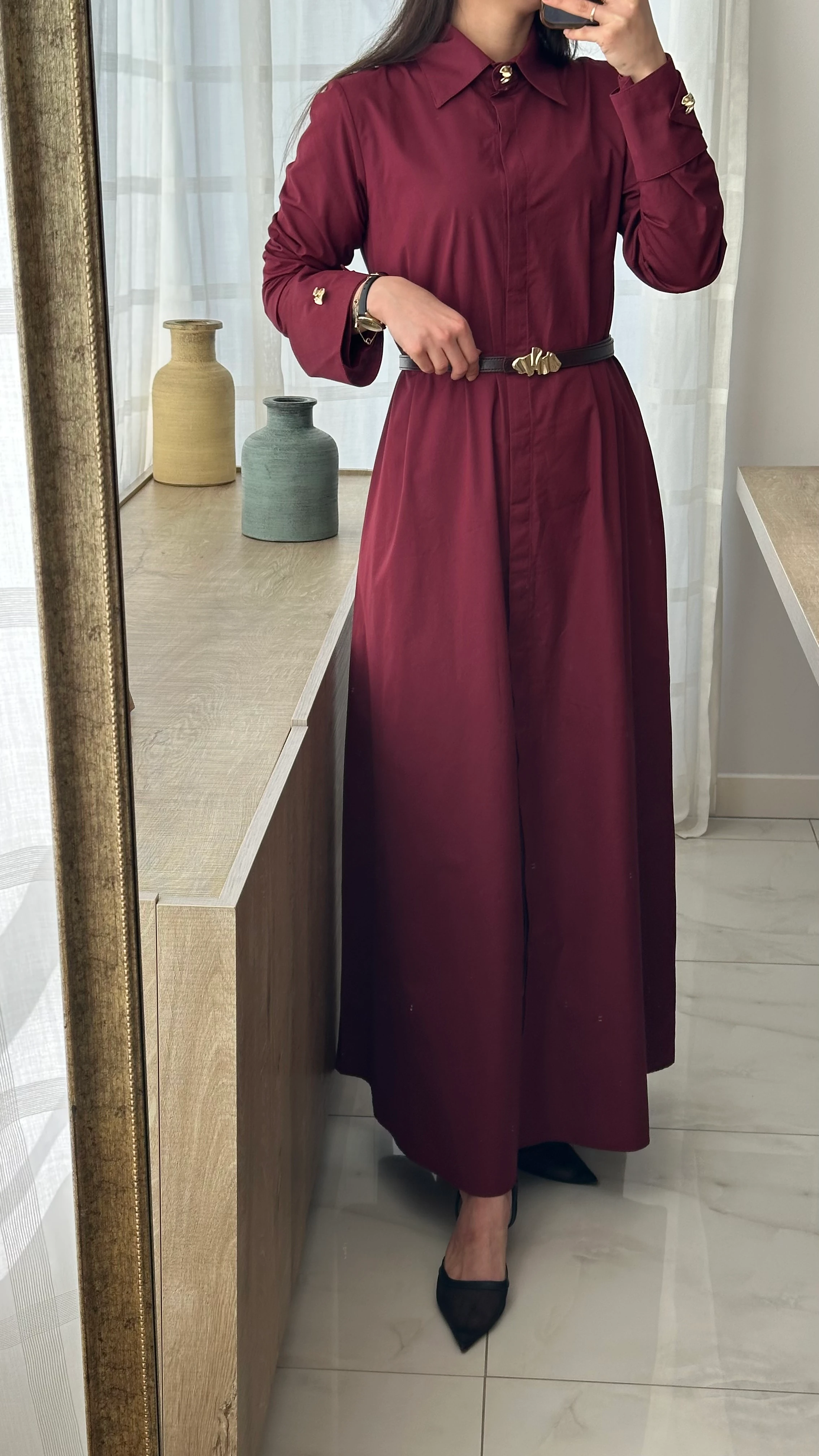 Bordo Kemerli Elbise