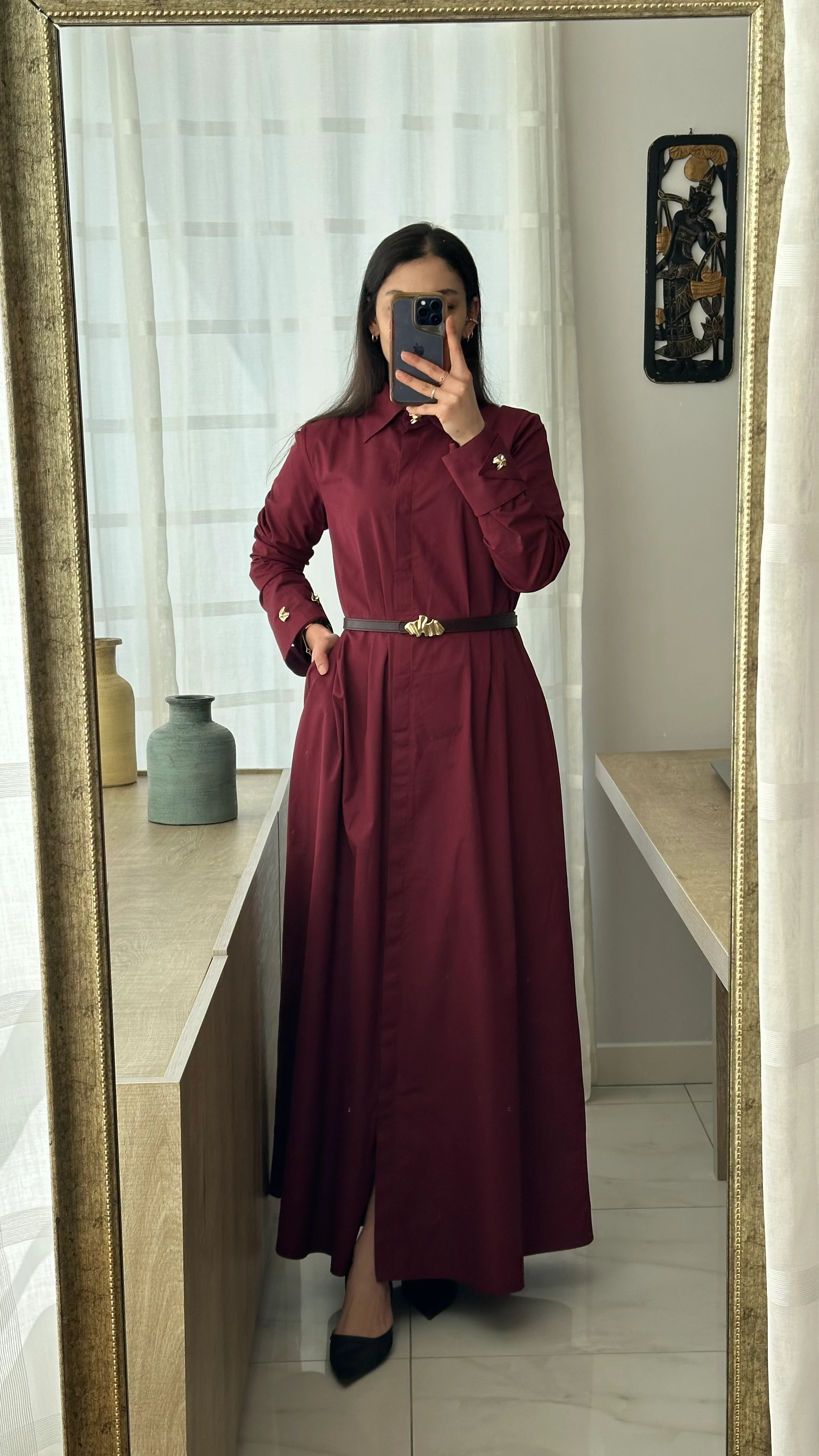 Bordo Kemerli Elbise