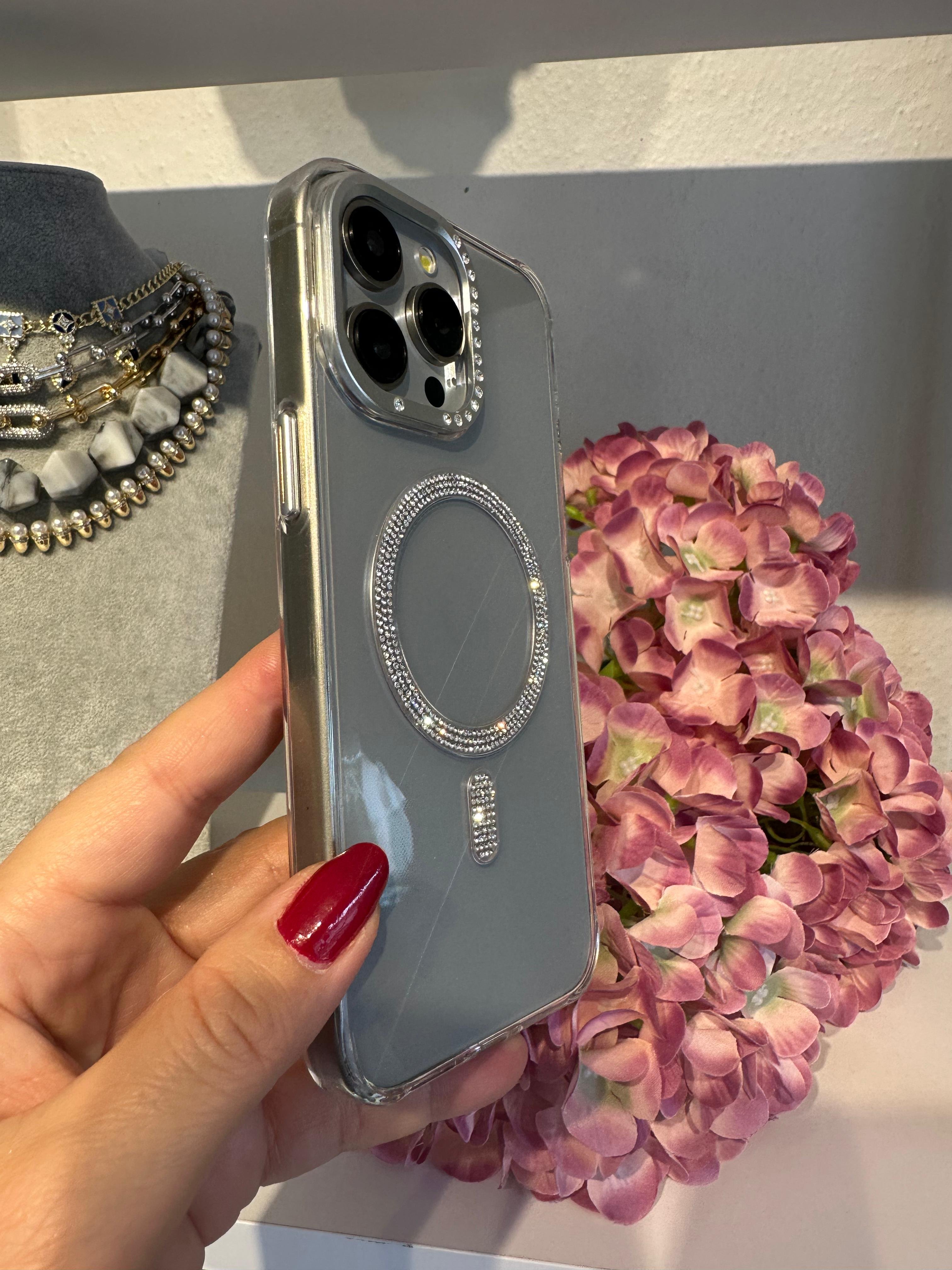 Luxury Taşlı Magsafe Destekli Kılıf - Natürel Titanyum