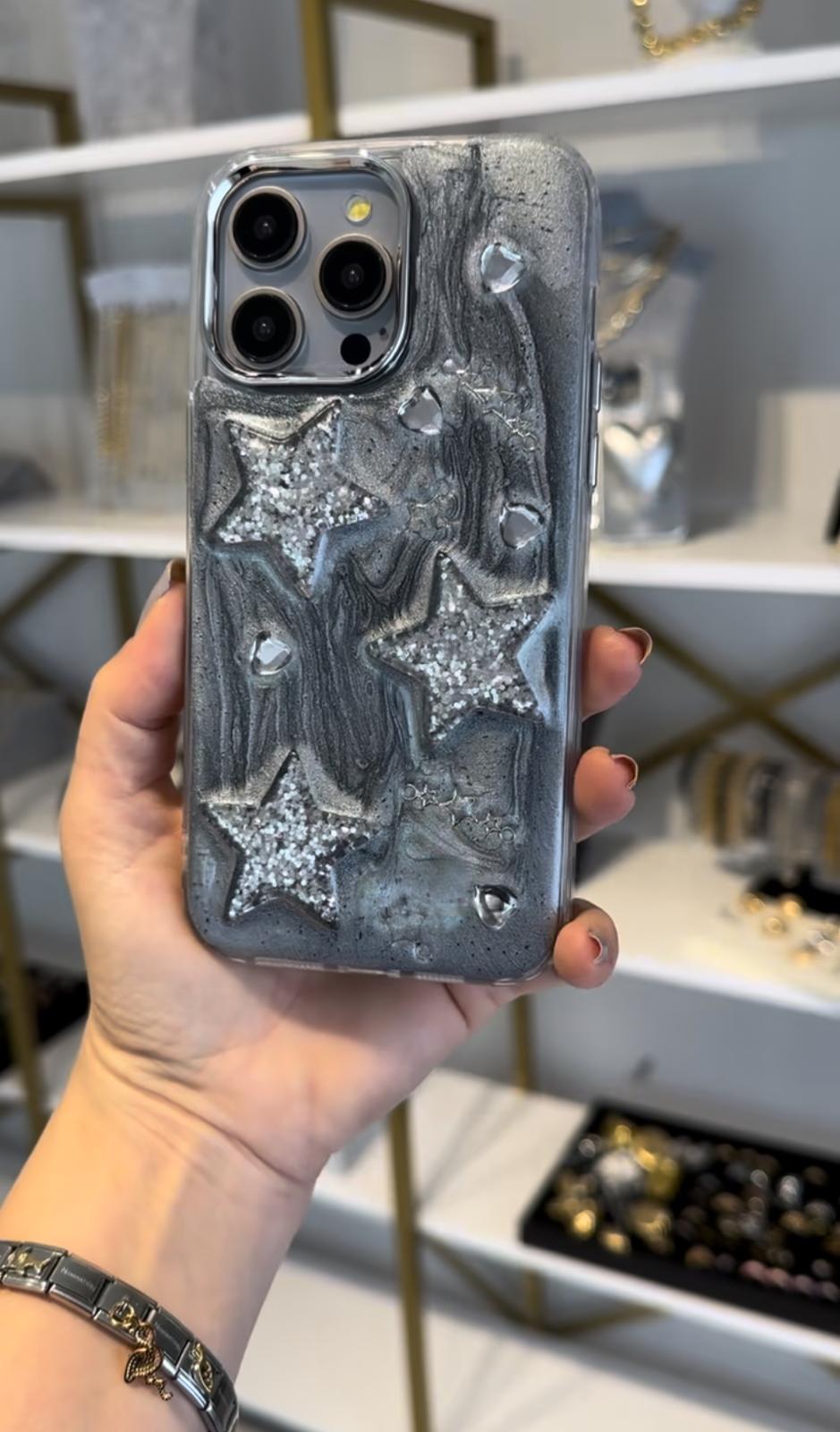 Gri Simli Gümüş Kabartma Yıldızlı Kılıf