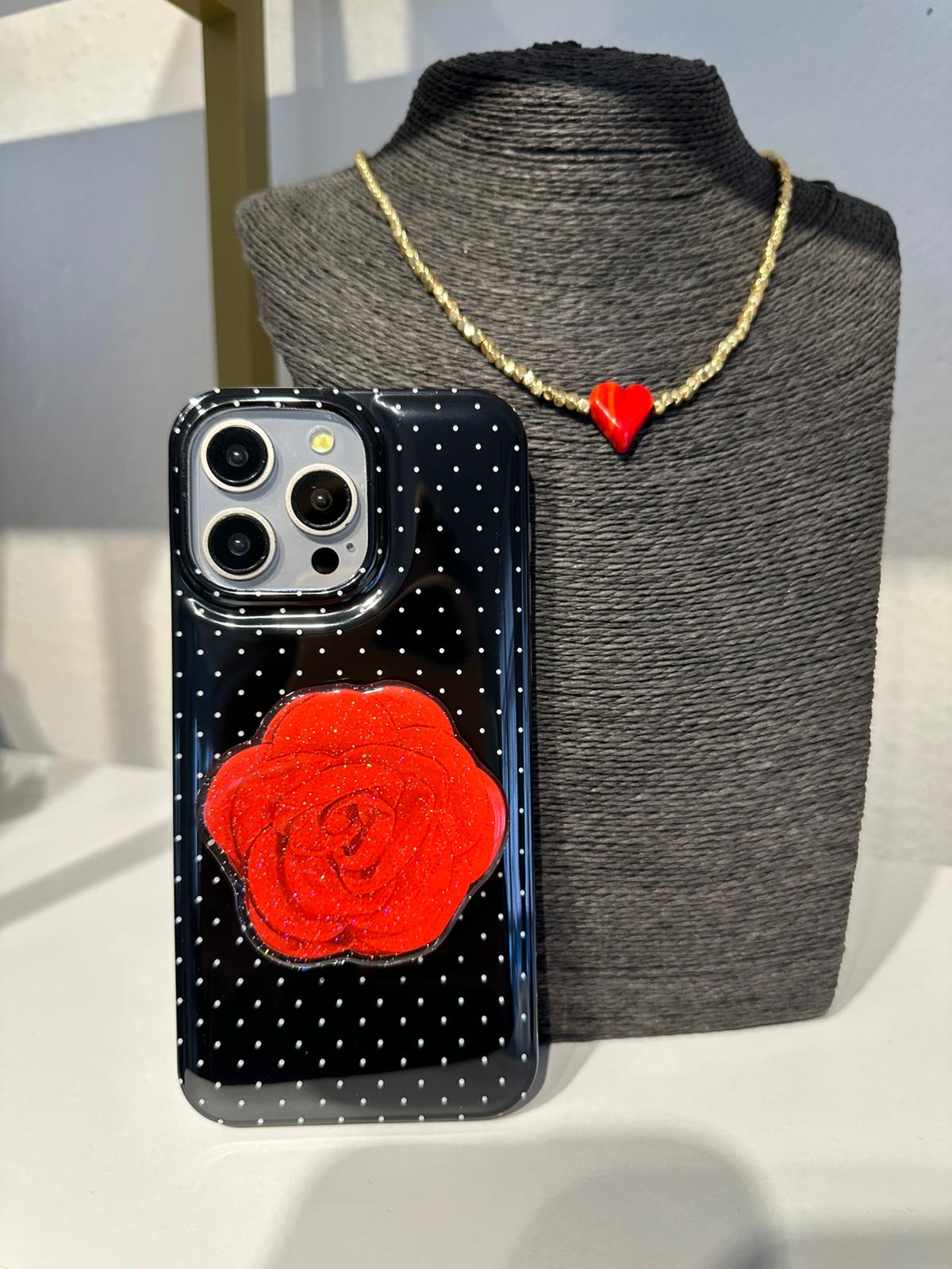 Güllü PopSocket'lı Puantiyeli Kılıf - Siyah