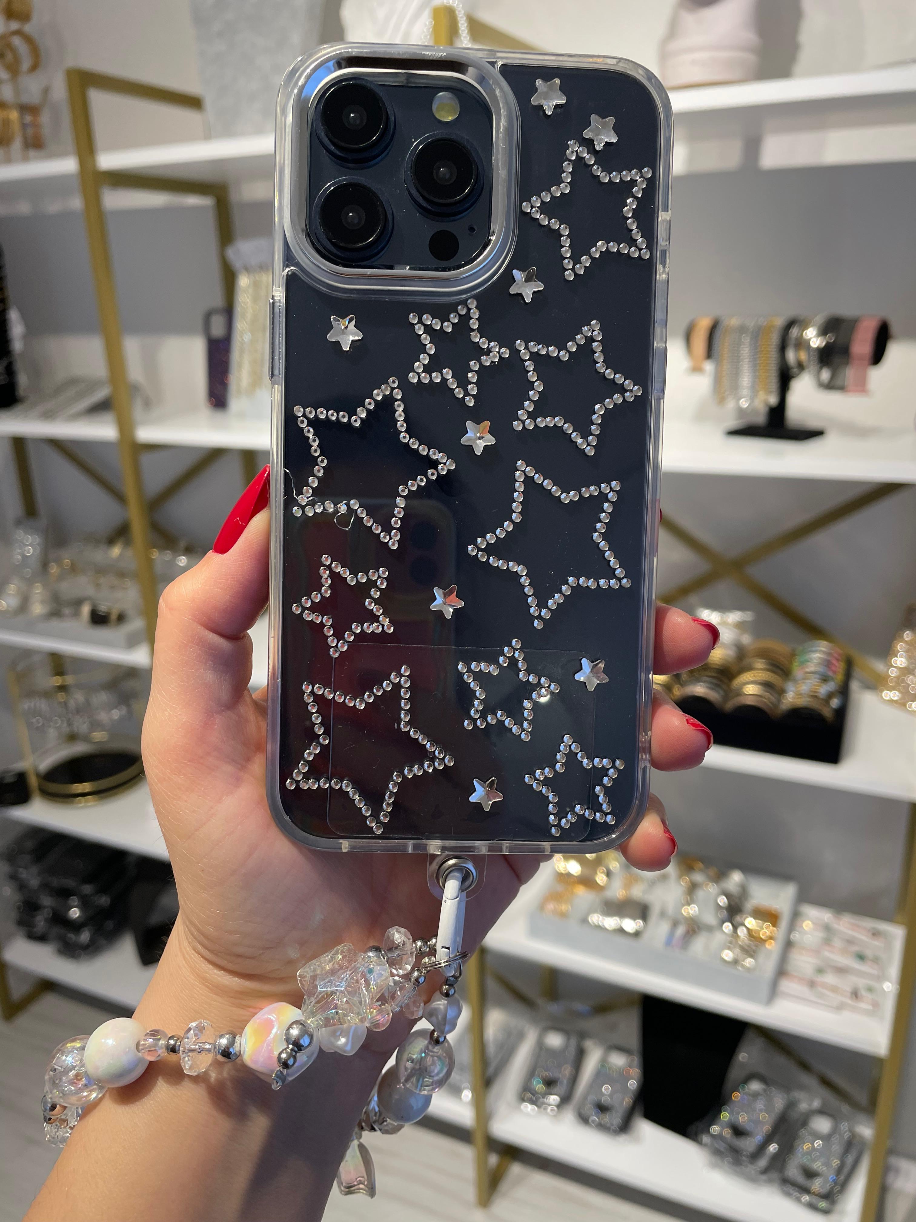 Taşlı Yıldızlı Askılı Şeffaf Kılıf