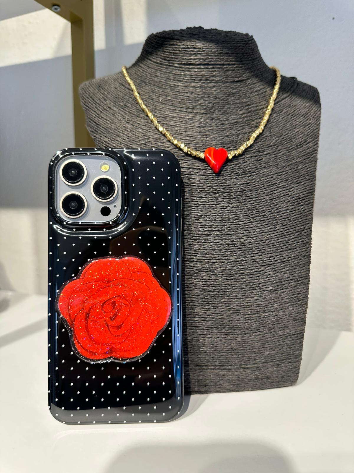 Güllü PopSocket'lı Puantiyeli Kılıf - Siyah