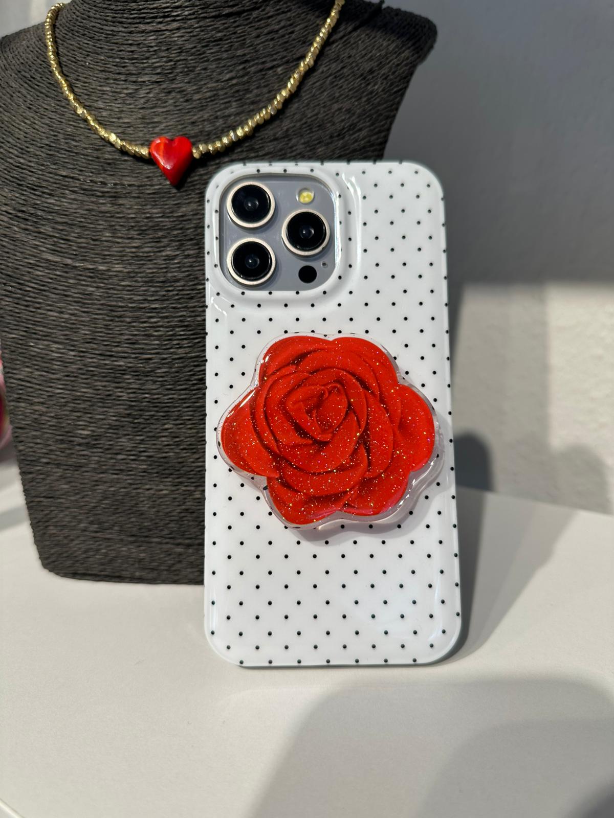 Güllü PopSocket'lı Puantiyeli Kılıf - Beyaz