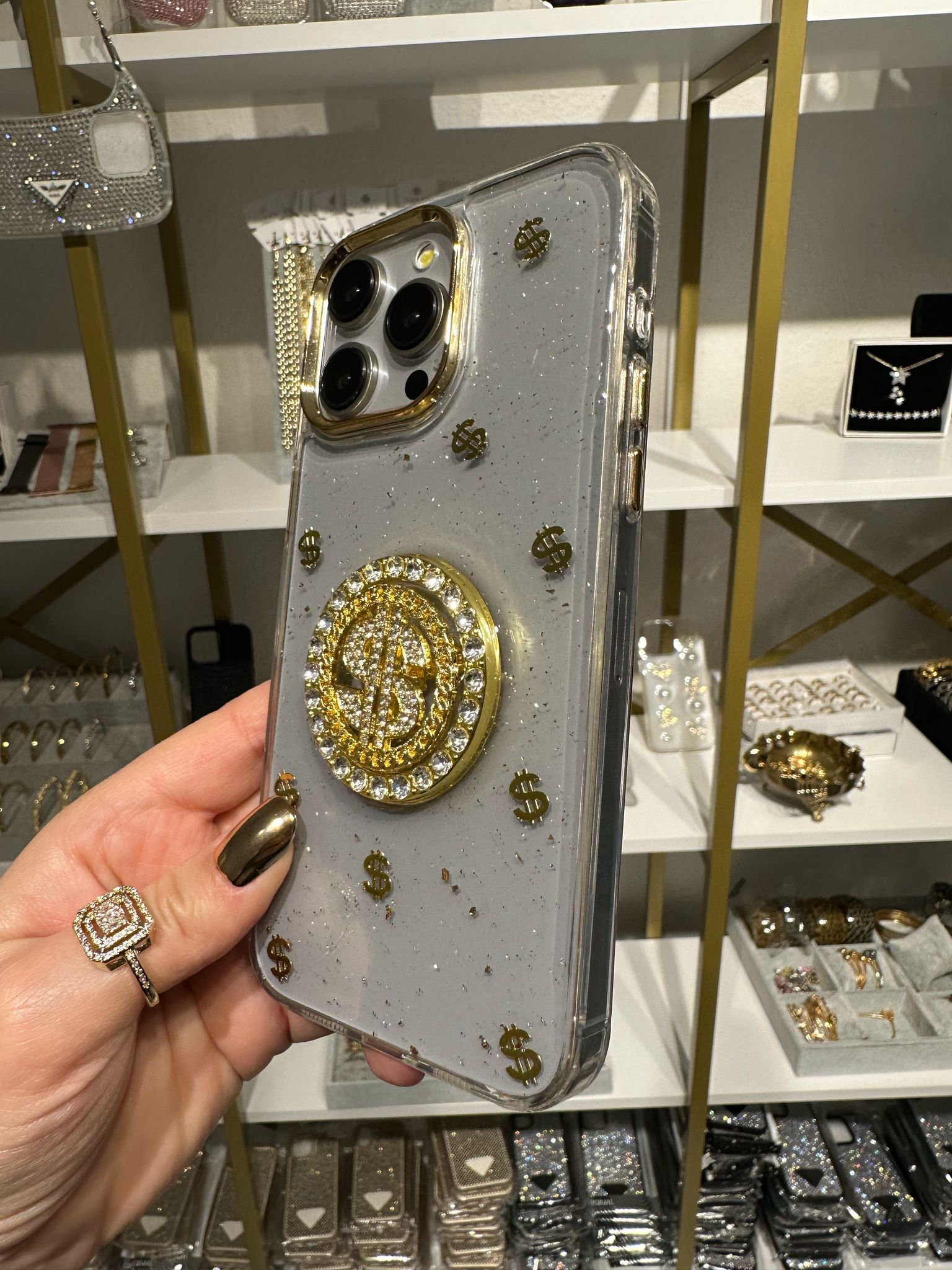 Stres Çarklı Dolar Figürlü Taşlı Simli Şeffaf Kılıf