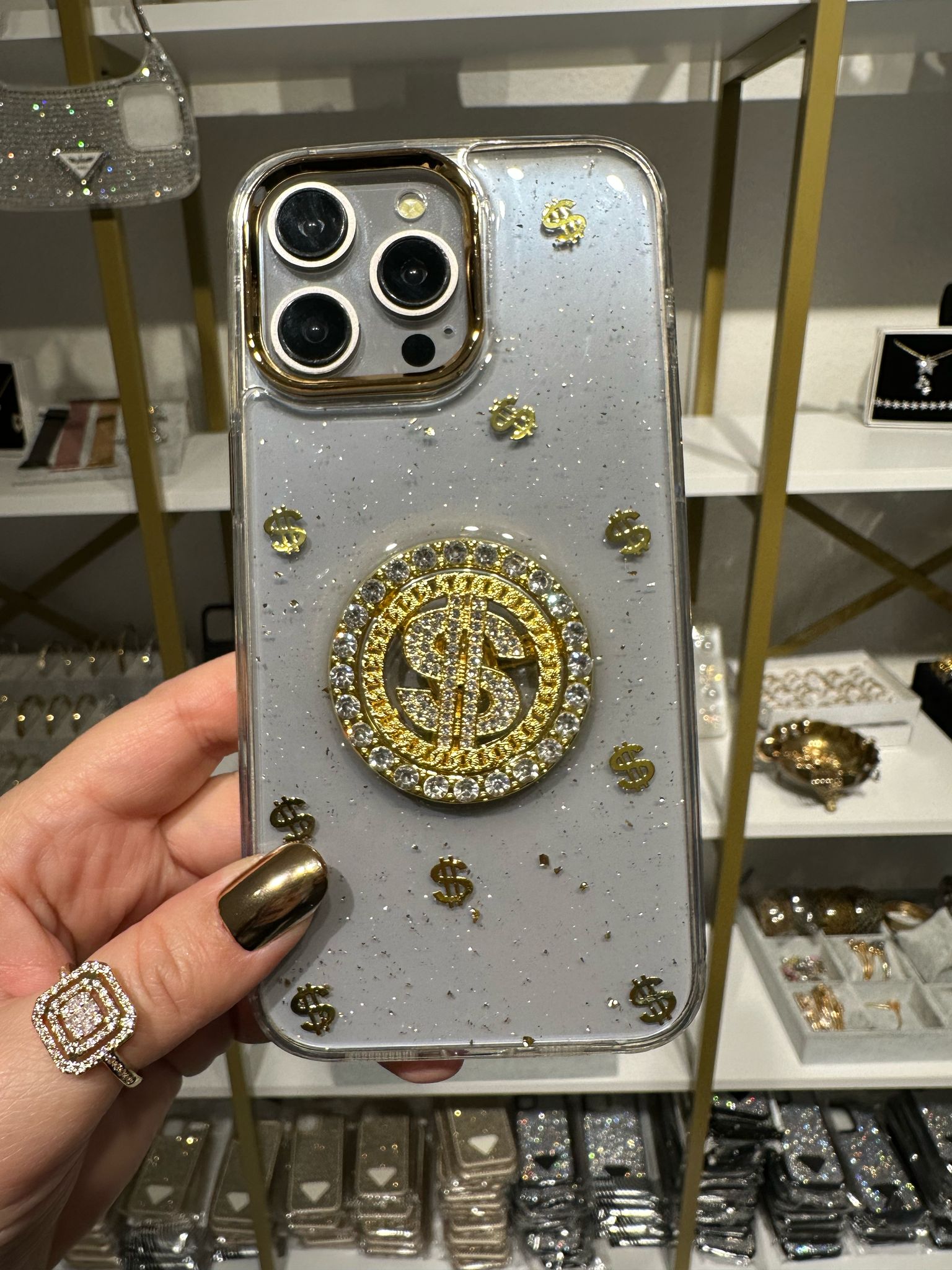 Stres Çarklı Dolar Figürlü Taşlı Simli Şeffaf Kılıf