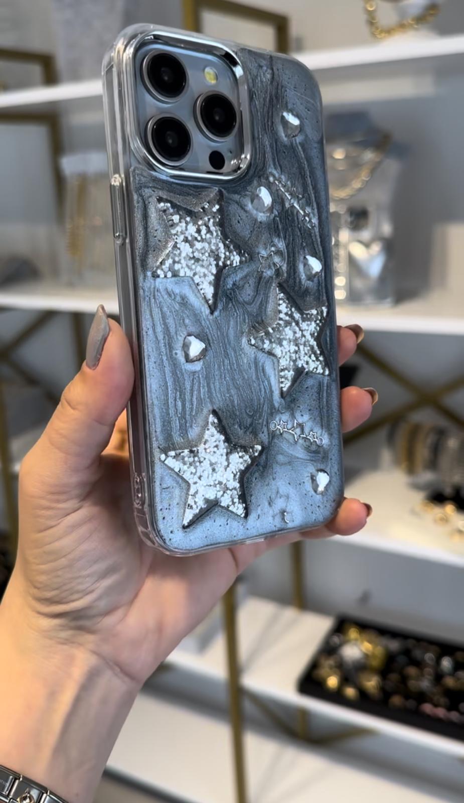 Gri Simli Gümüş Kabartma Yıldızlı Kılıf