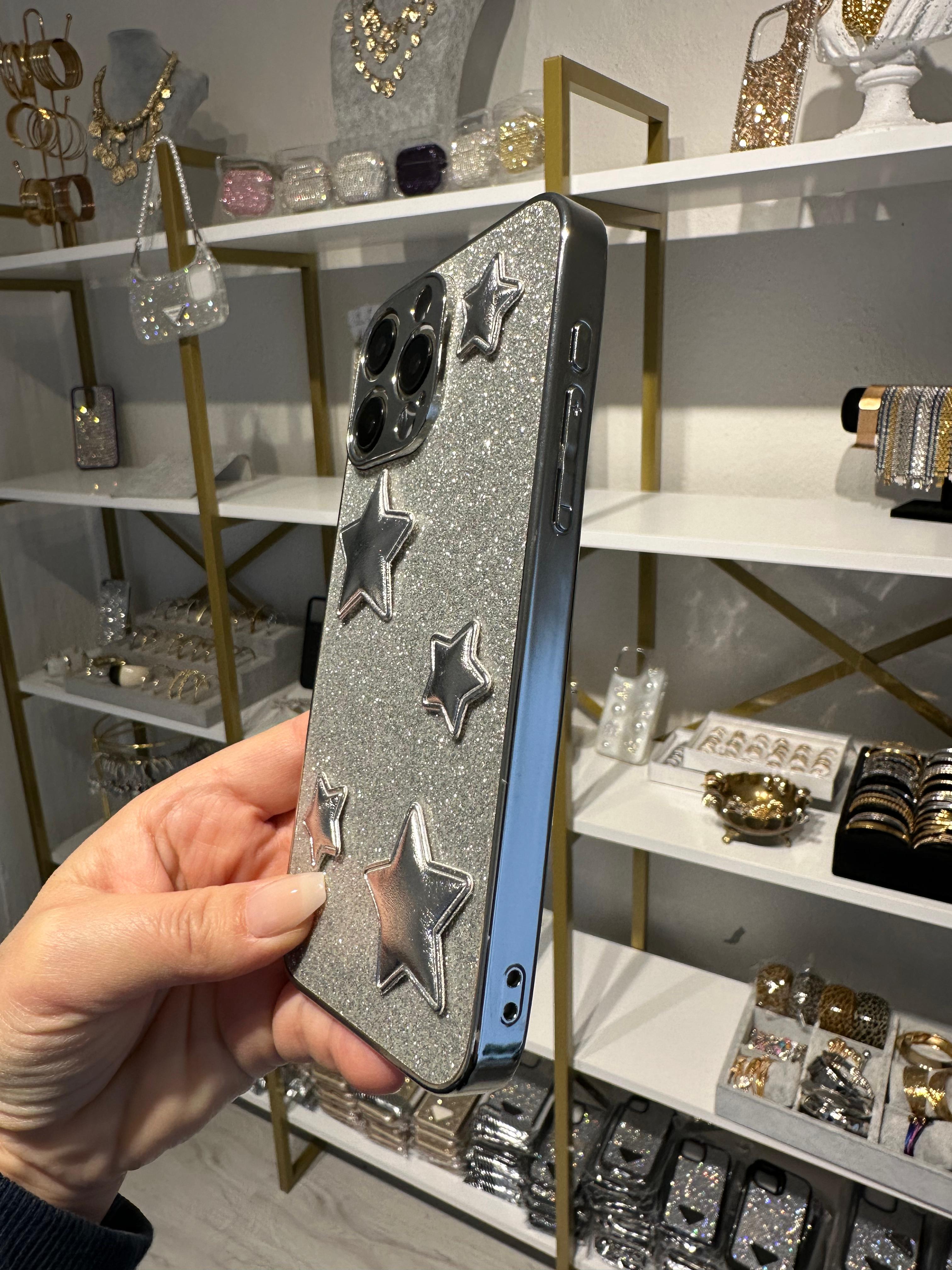 Gümüş Puff Yıldızlı Simli Kılıf