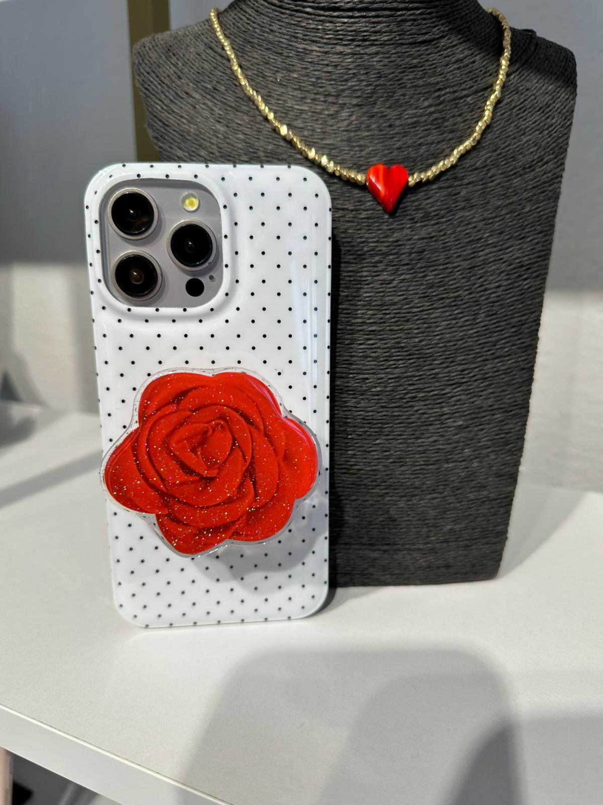 Güllü PopSocket'lı Puantiyeli Kılıf - Beyaz