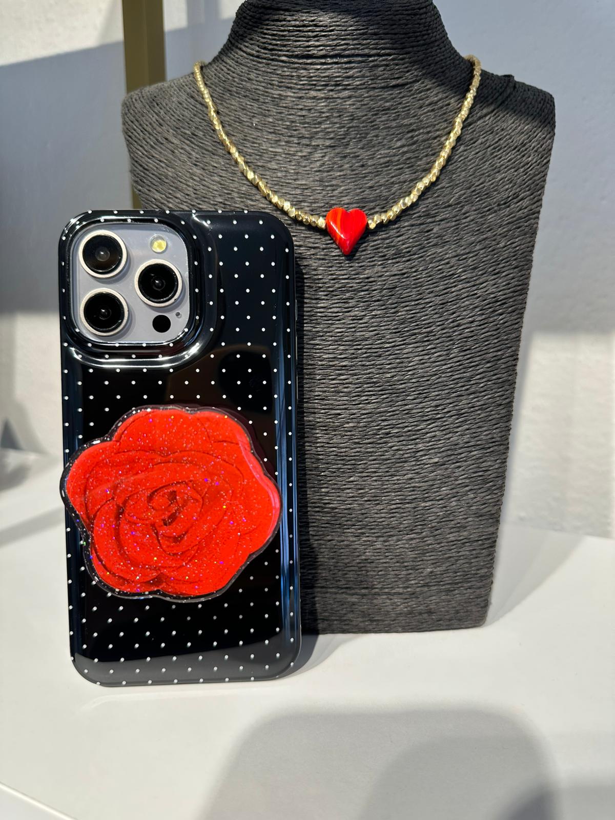 Güllü PopSocket'lı Puantiyeli Kılıf - Siyah