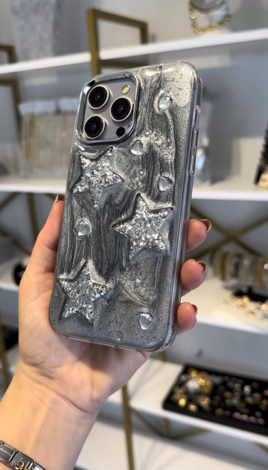 Gri Simli Gümüş Kabartma Yıldızlı Kılıf