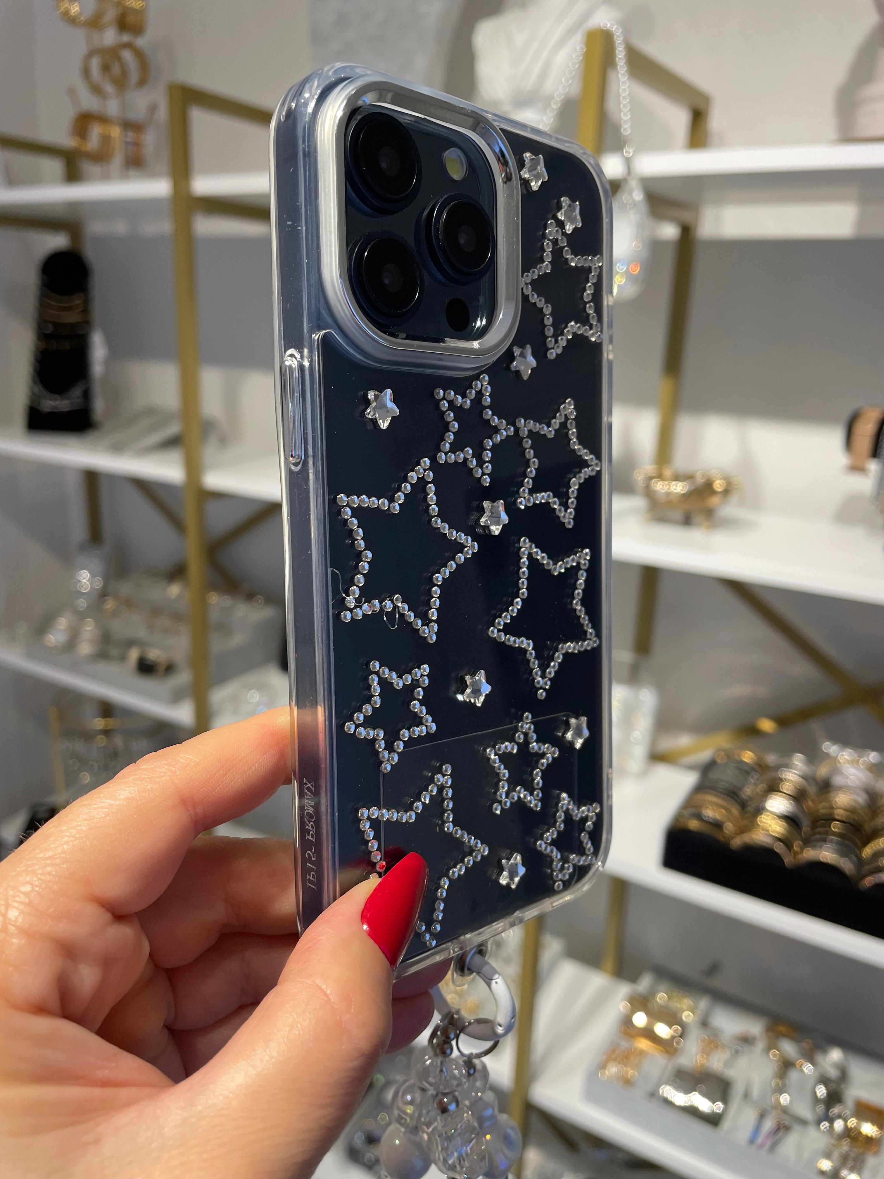 Taşlı Yıldızlı Askılı Şeffaf Kılıf