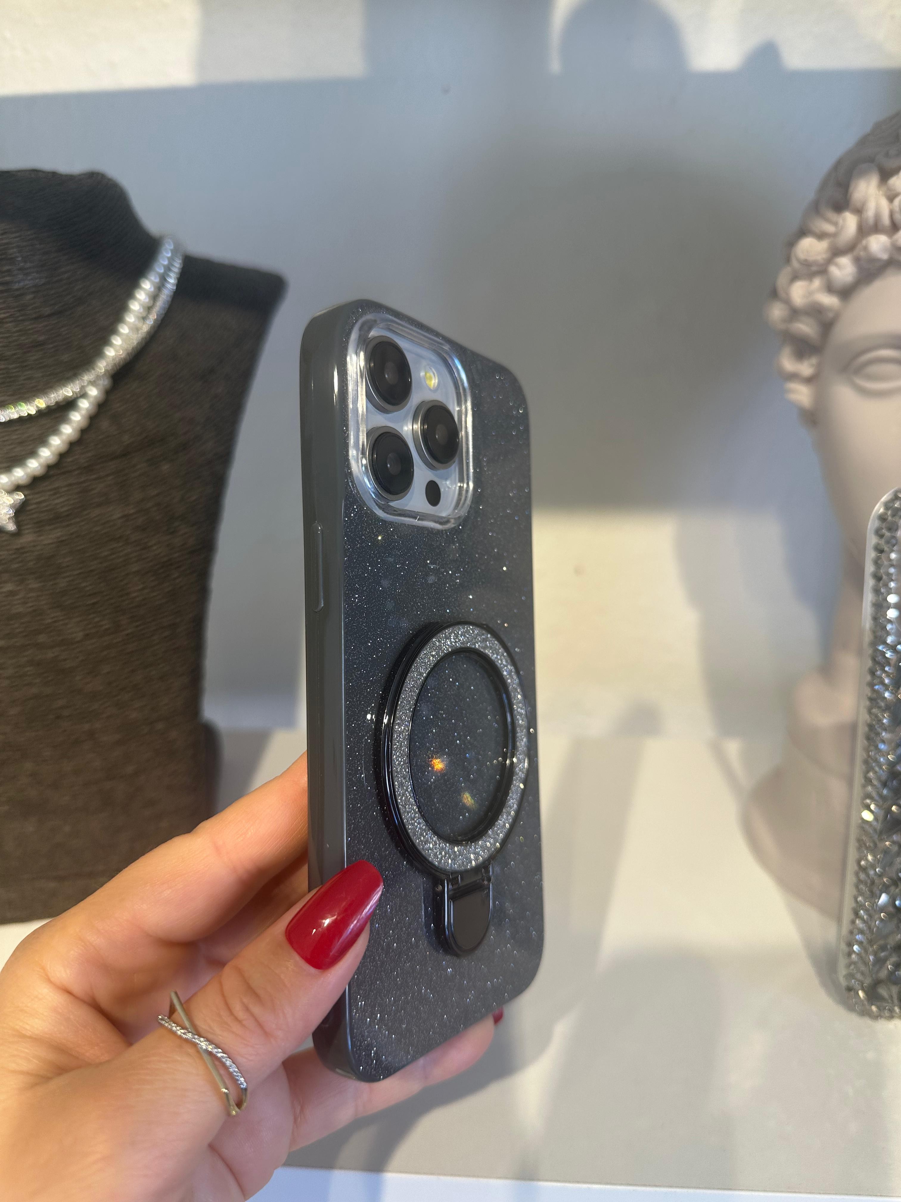 Simli Stantlı Magsafe Özellikli Kılıf - Siyah
