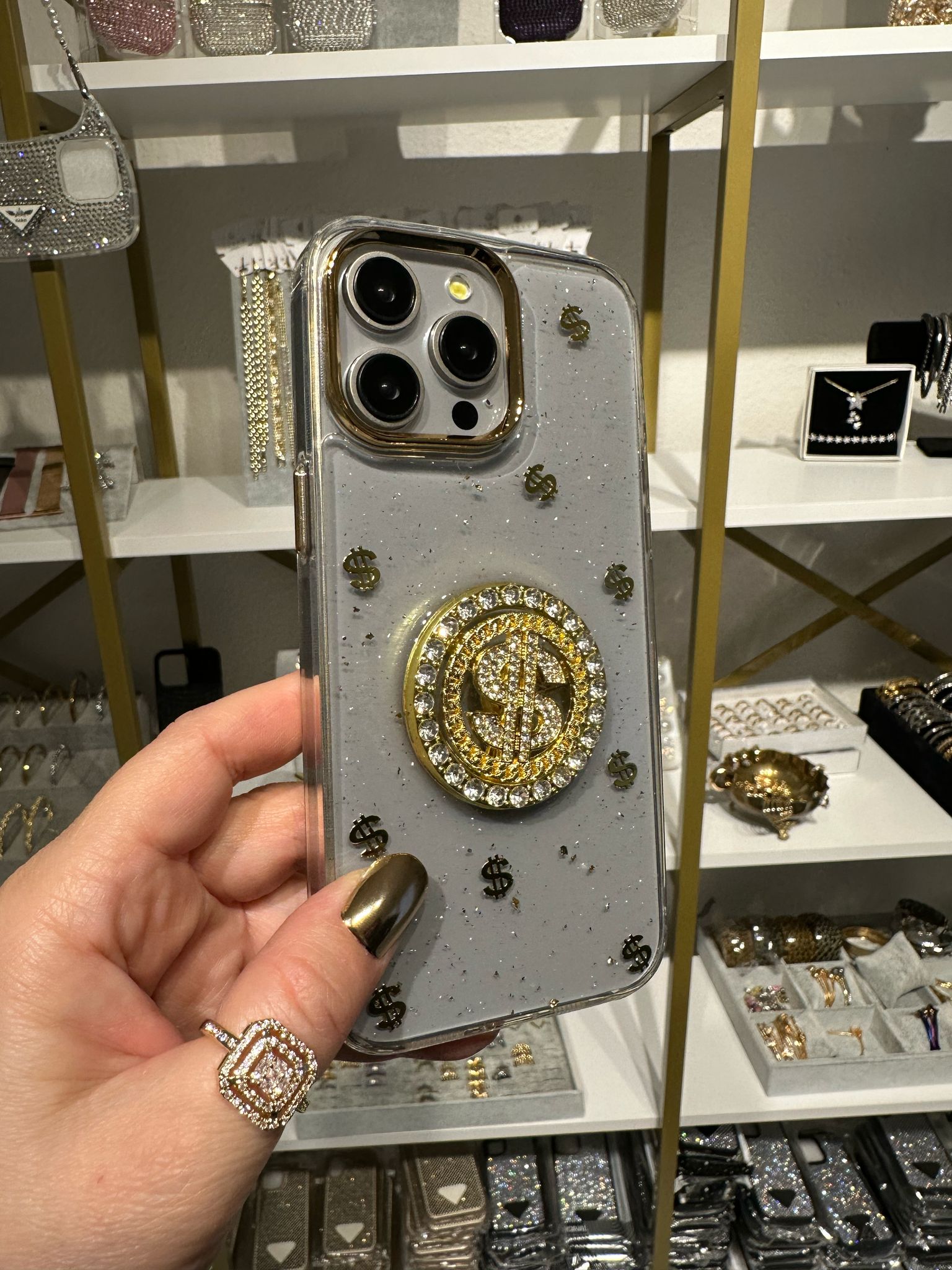 Stres Çarklı Dolar Figürlü Taşlı Simli Şeffaf Kılıf