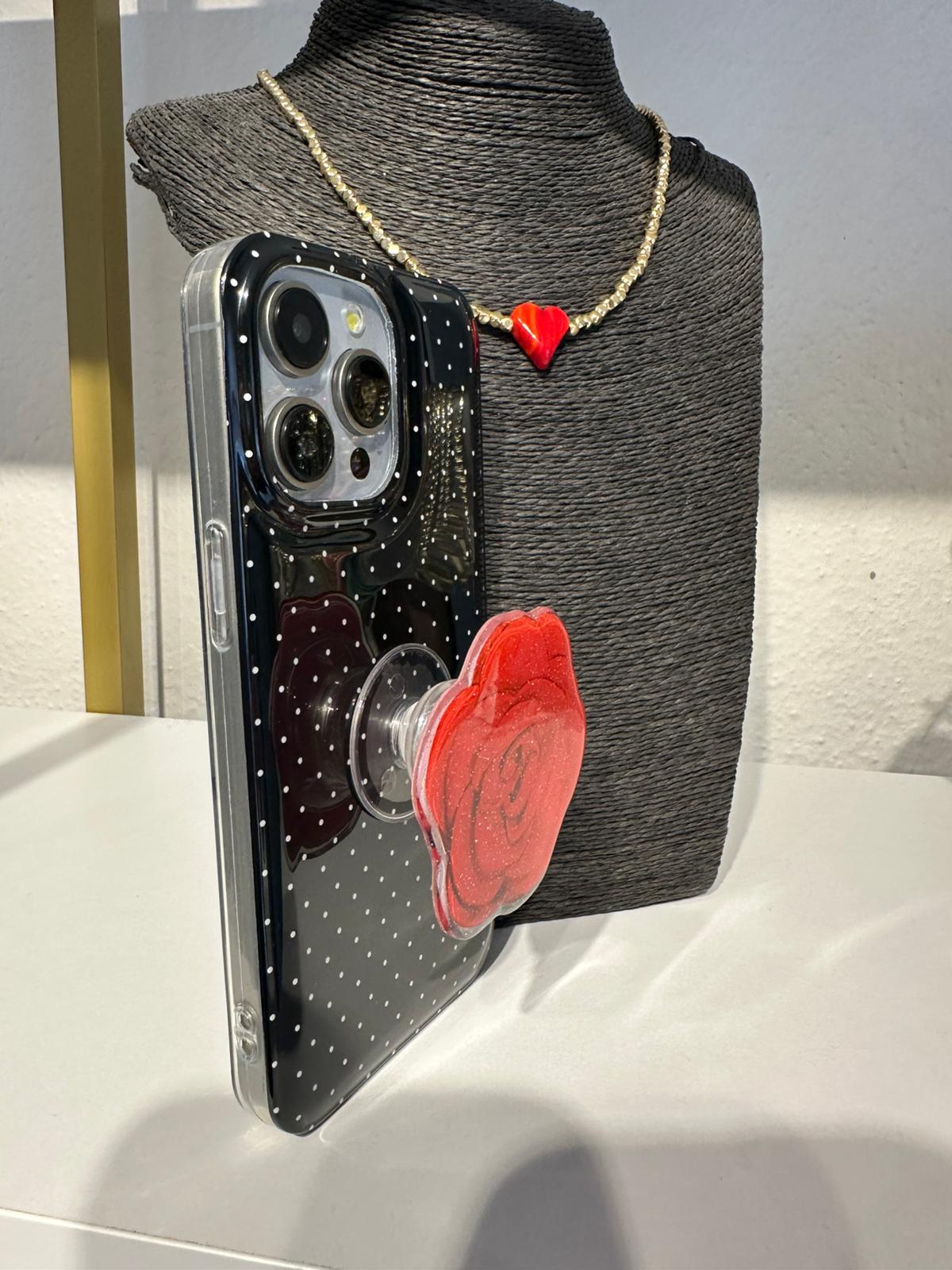 Güllü PopSocket'lı Puantiyeli Kılıf - Siyah