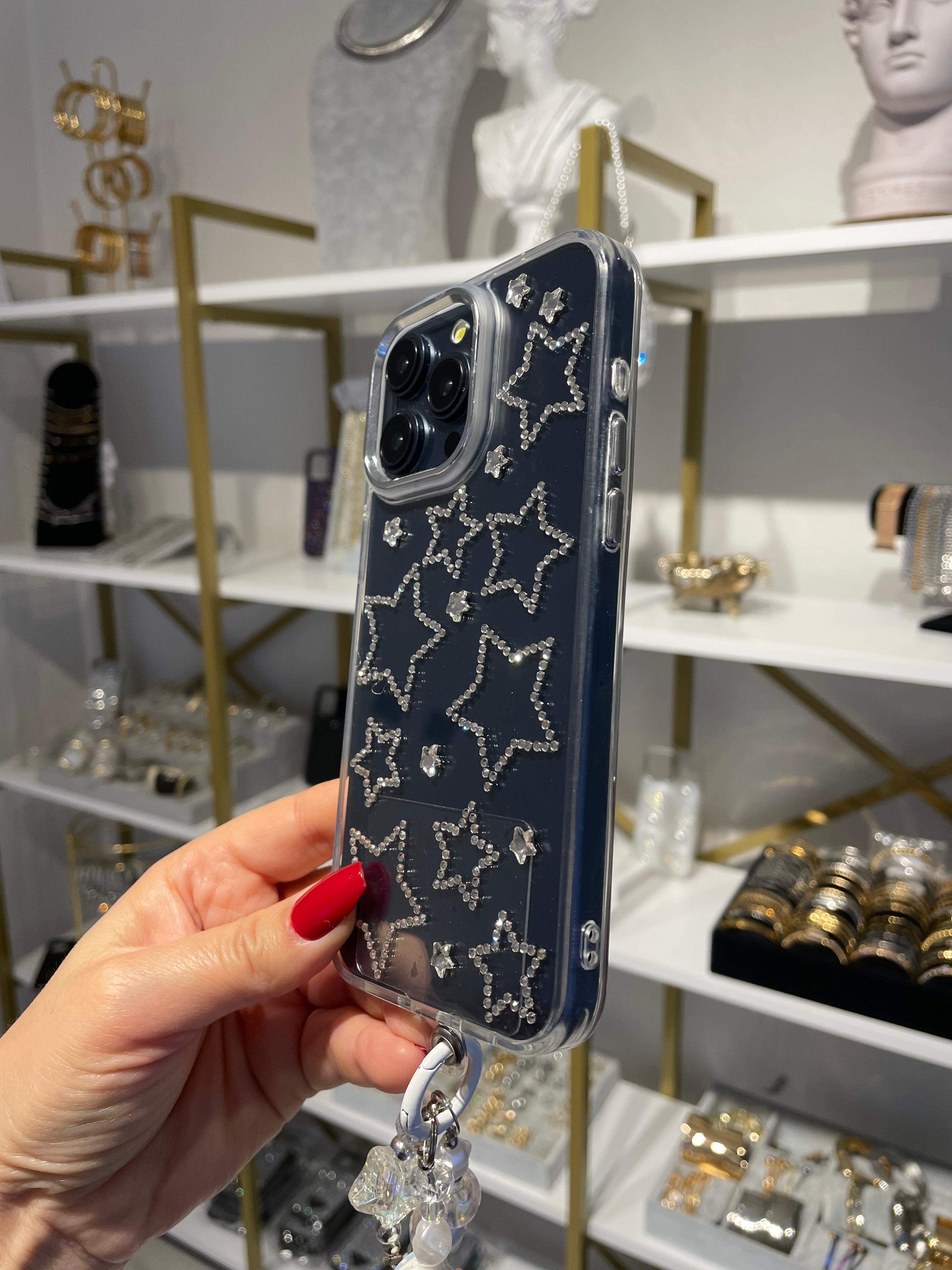 Taşlı Yıldızlı Askılı Şeffaf Kılıf