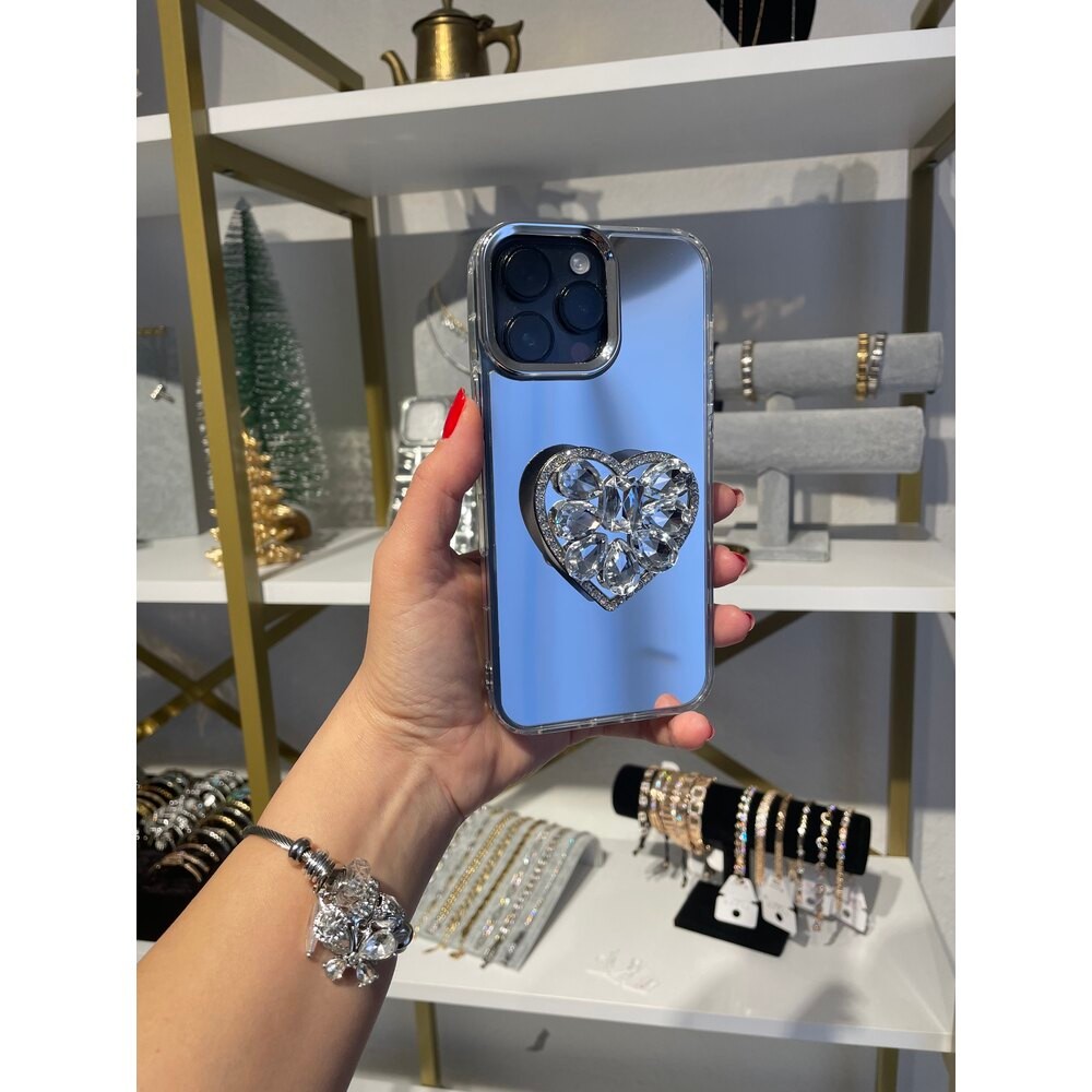 Taşlı Kalp Popsocket'lı Aynalı Kılıf