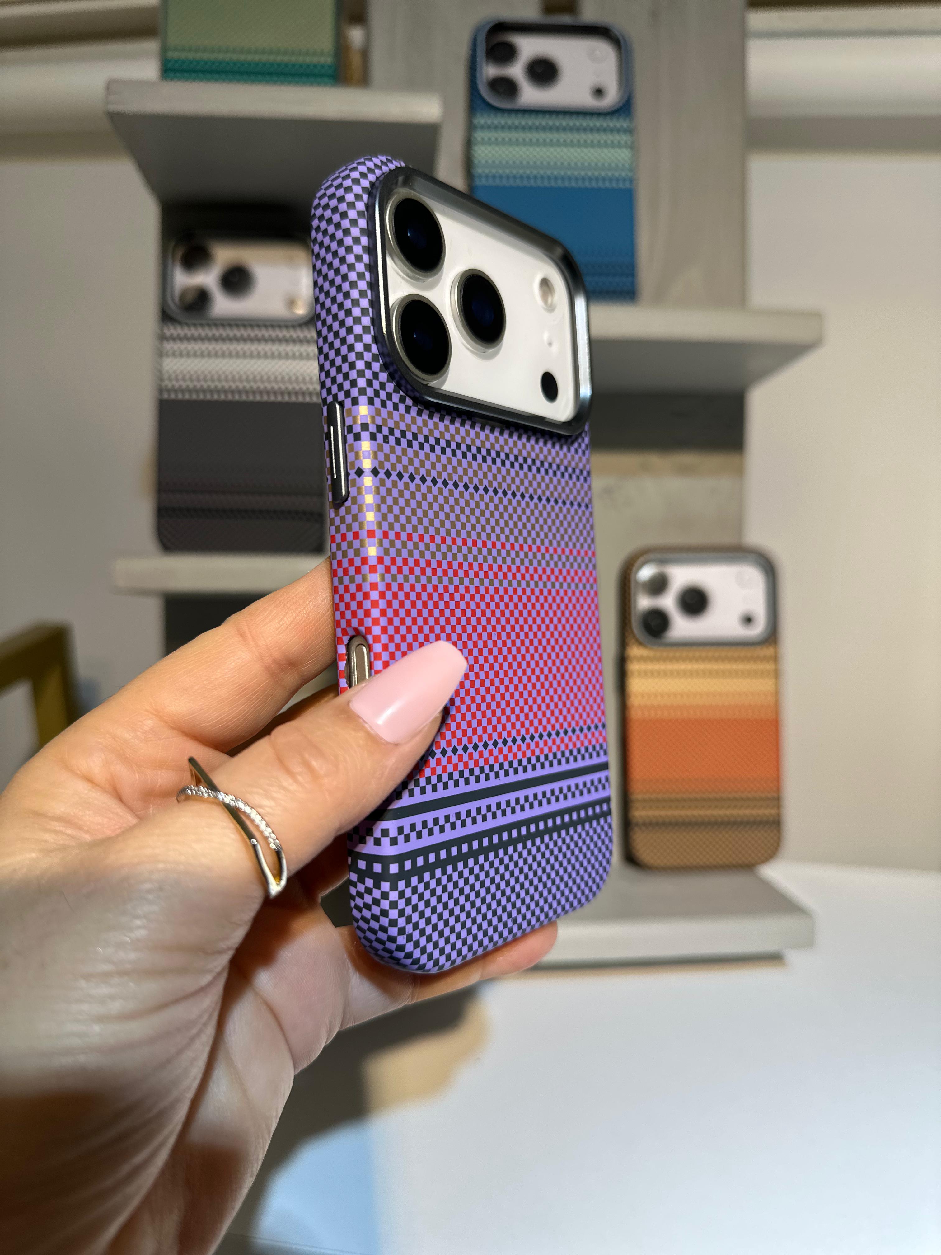 Şerit Dokulu Premium Kılıf - Leylak & Fuşya