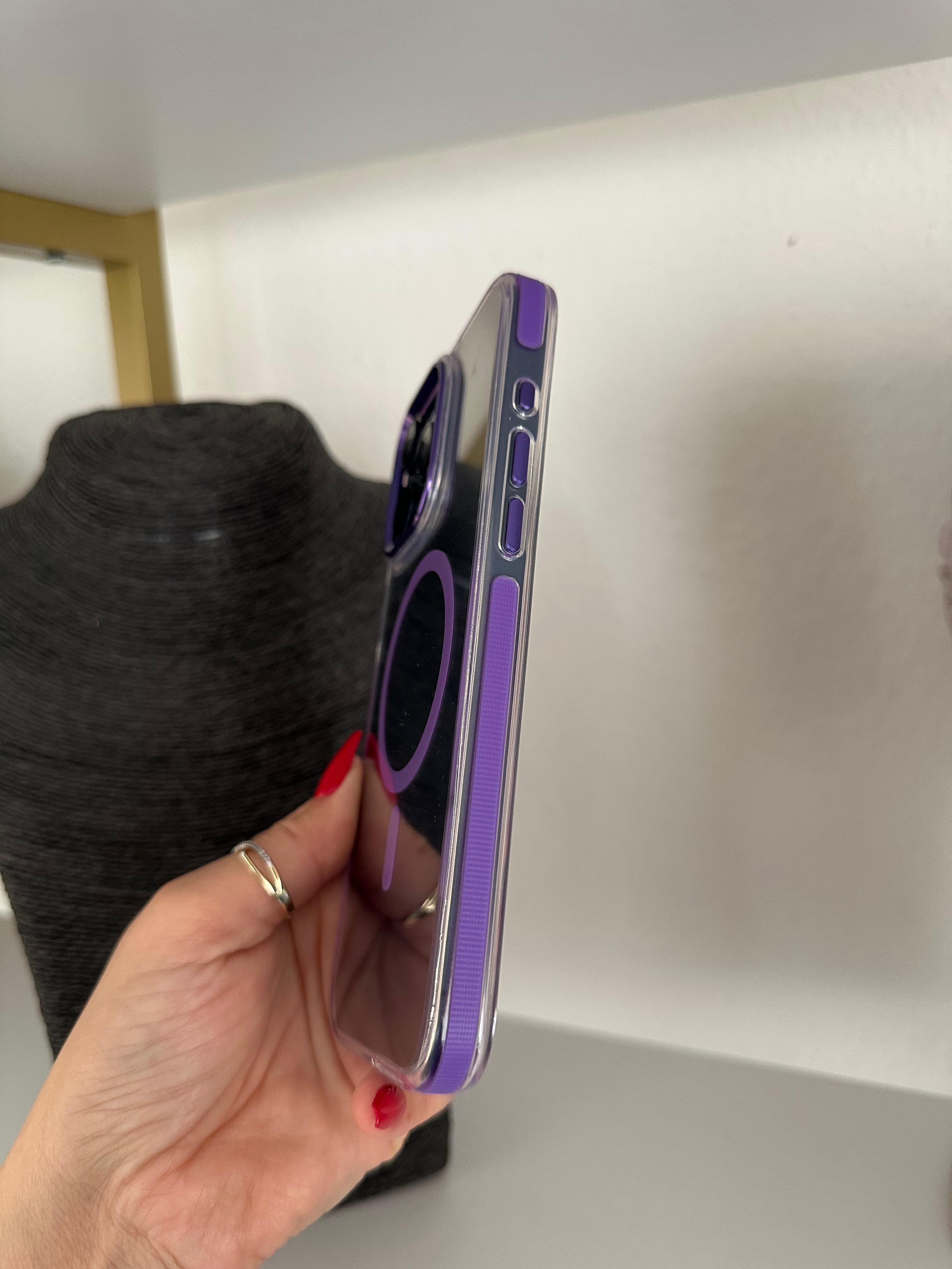 Renk Yansımalı Pürüzlü Kenar Bantlı Magsafe Özellikli Kılıf - Mor