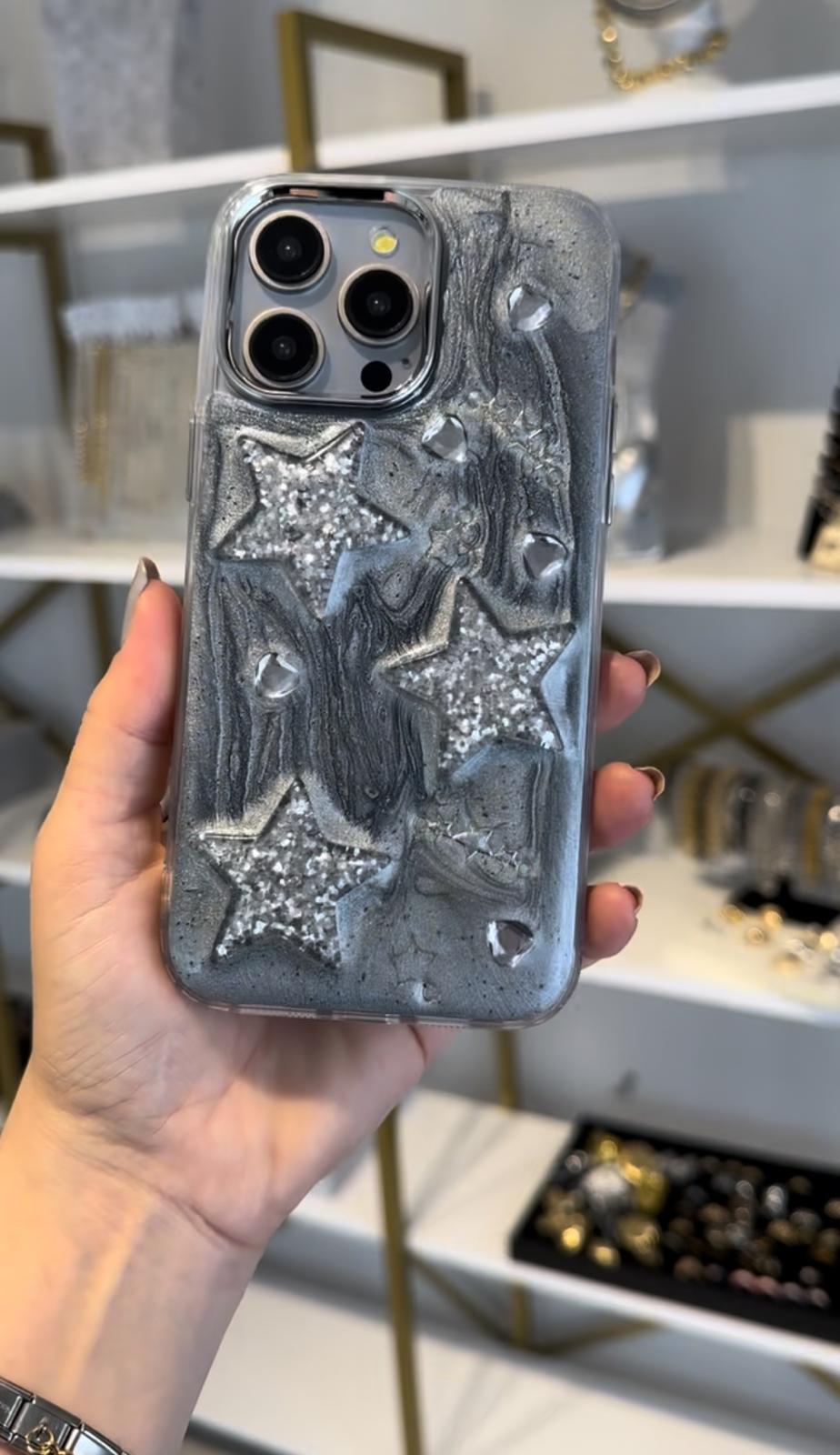 Gri Simli Gümüş Kabartma Yıldızlı Kılıf