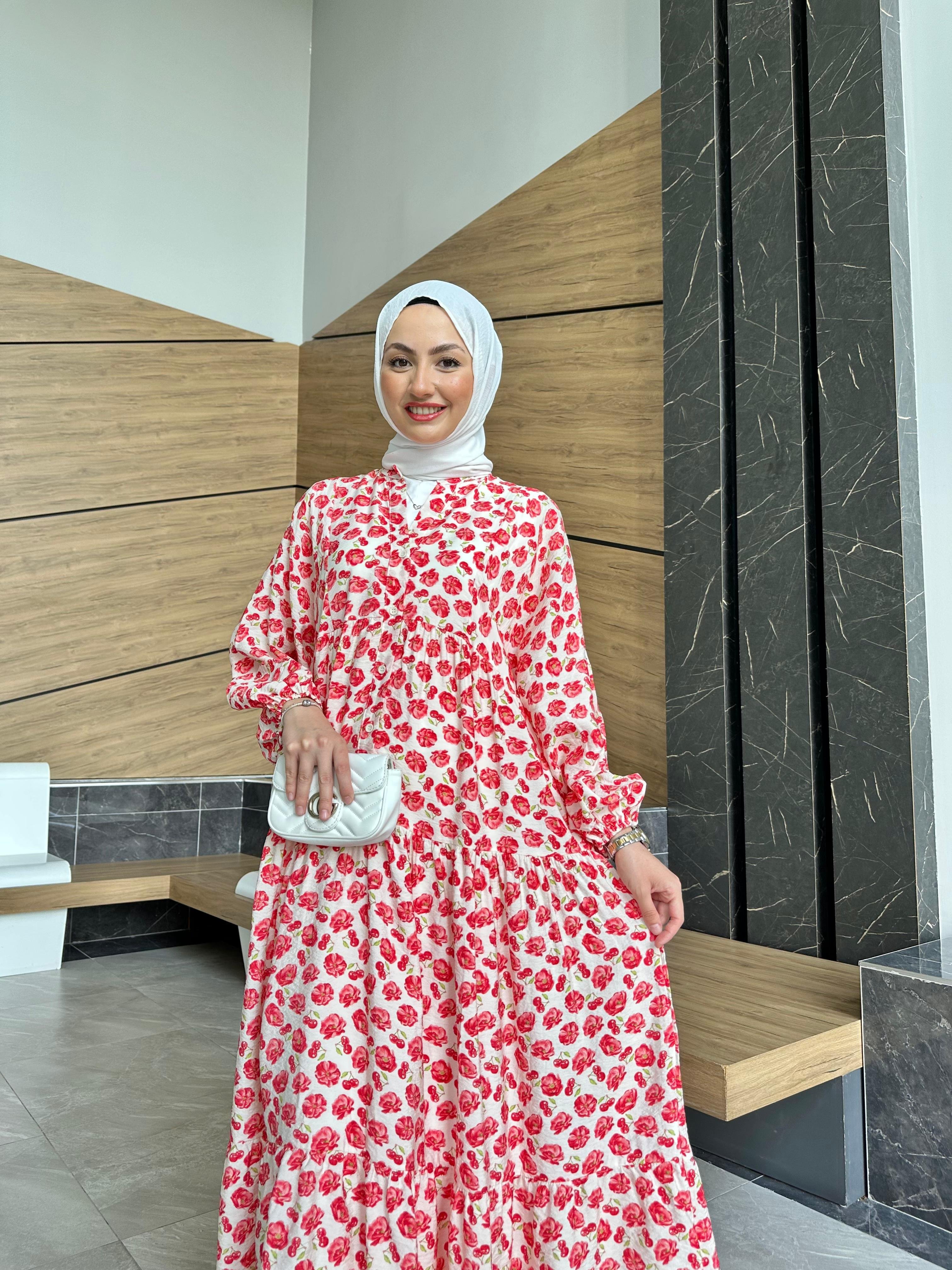 Gül Ve Kiraz Desenli Pamuk Elbise