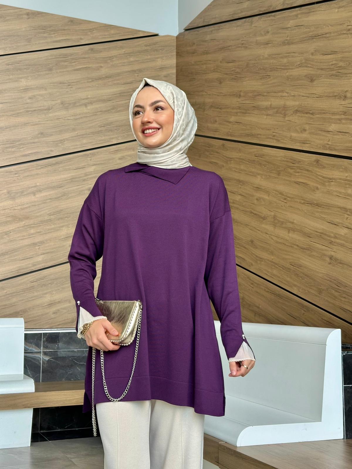 İnci Ve Fisto Detaylı Merserize Tunik  - Mor